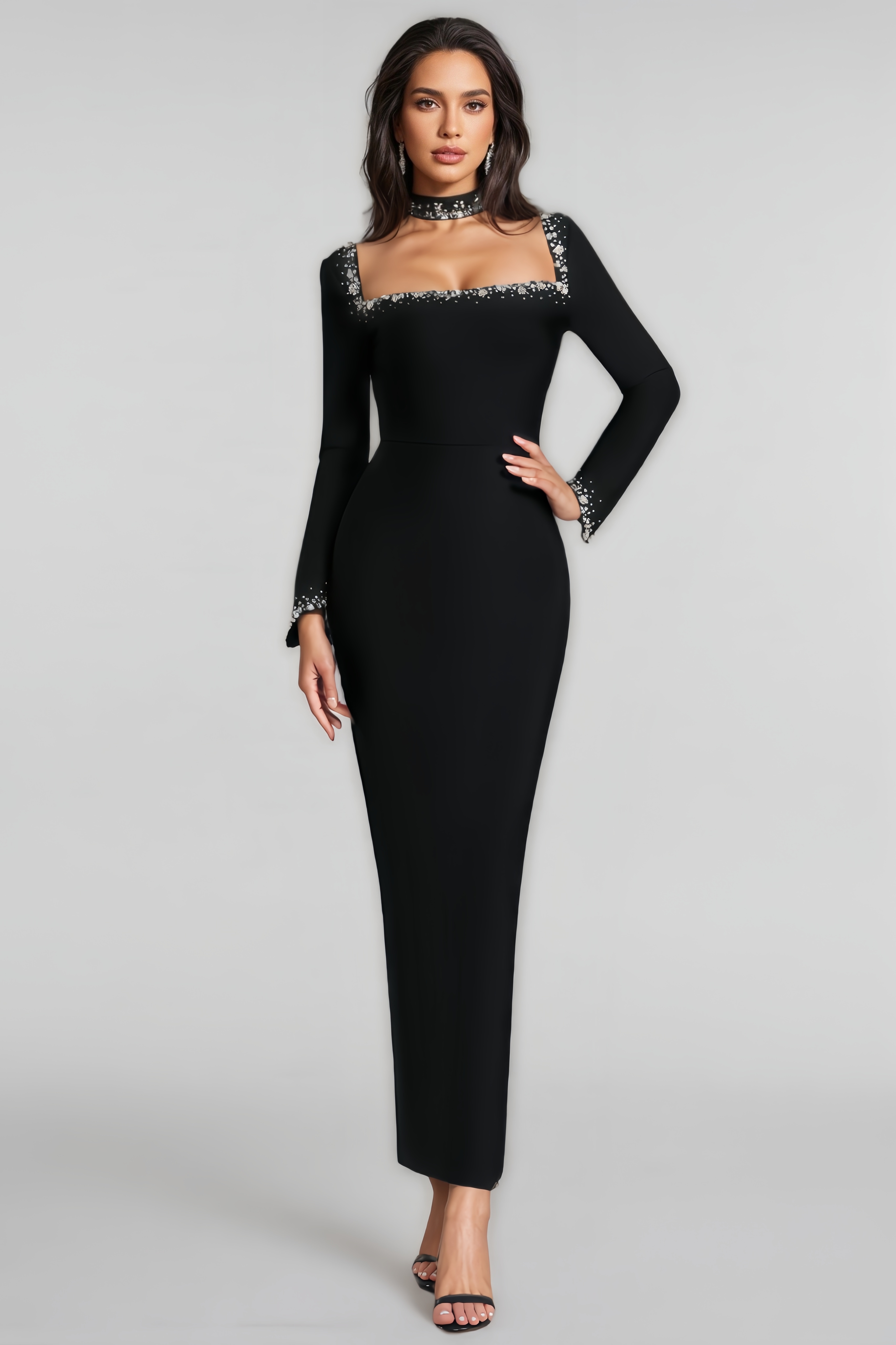 Lazze Diamond-Encrusted Bandage Maxi Dress