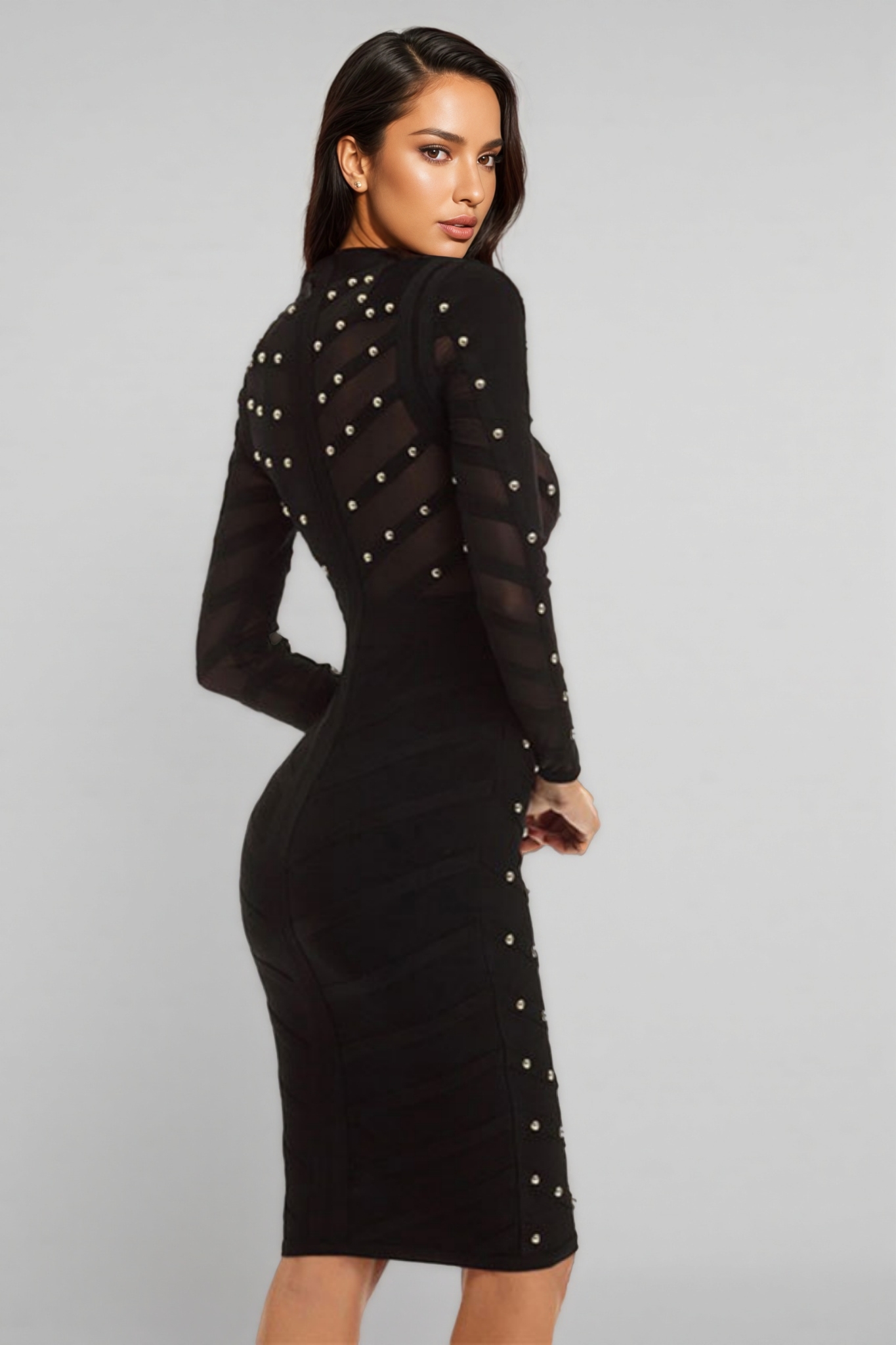 Georgiana Long Sleeve Mesh Bandage Midi Dress