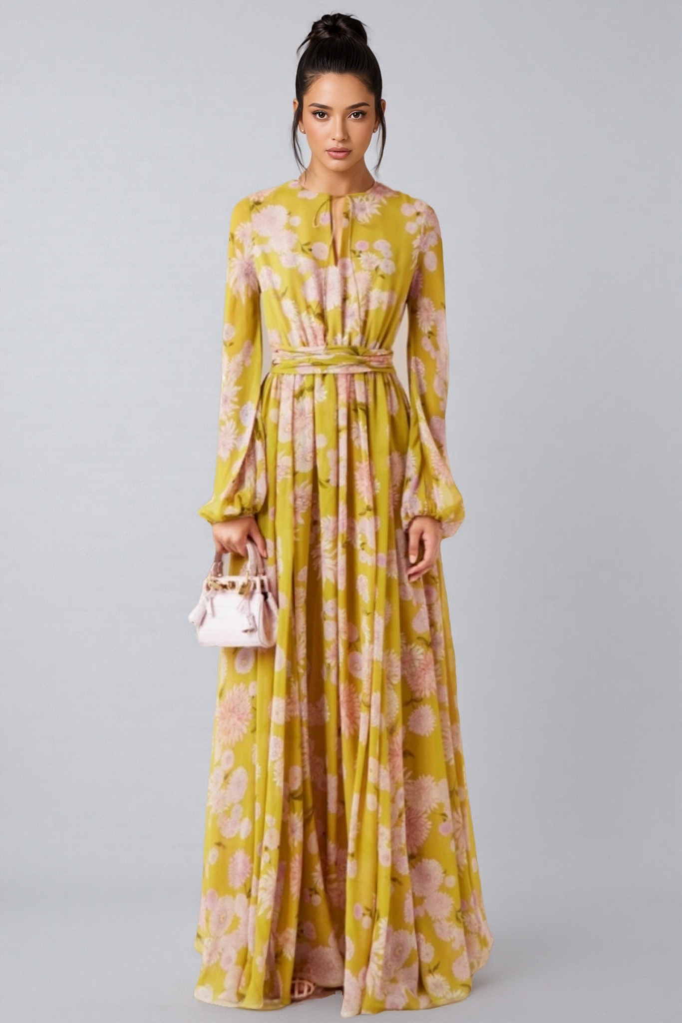 Giselle Floral Lace Up Puff Sleeve Maxi Dress