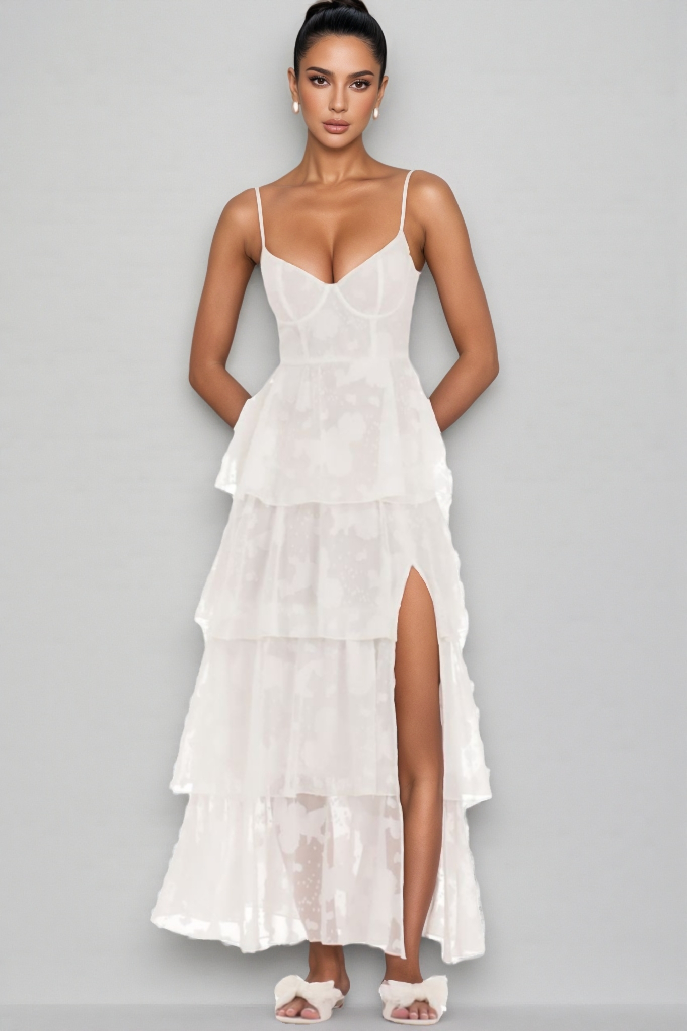 Charke White Floral Ruffle A-line Maxi Dress
