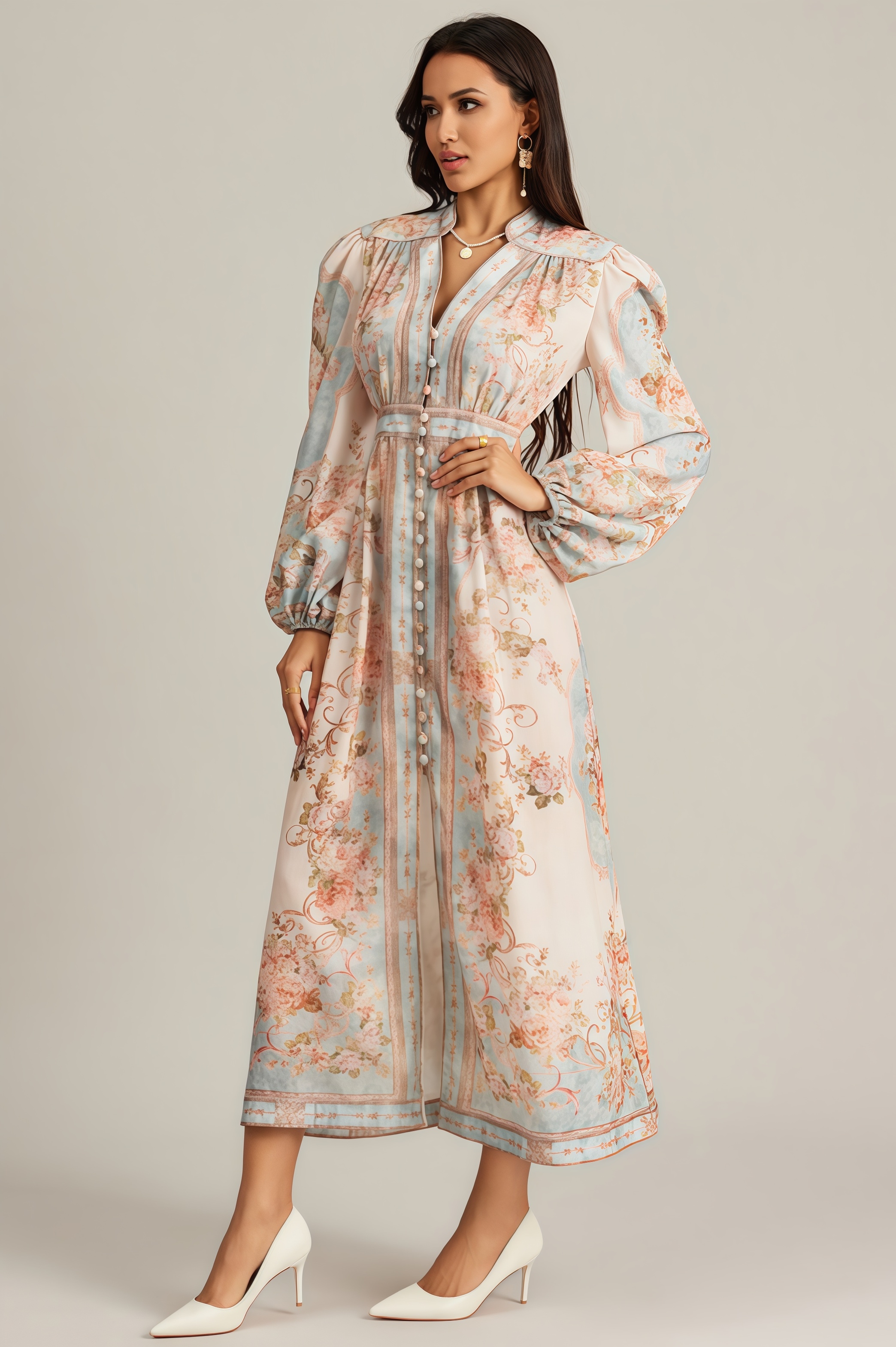 Quillon Blue Print Single Breasted Maxi Dress