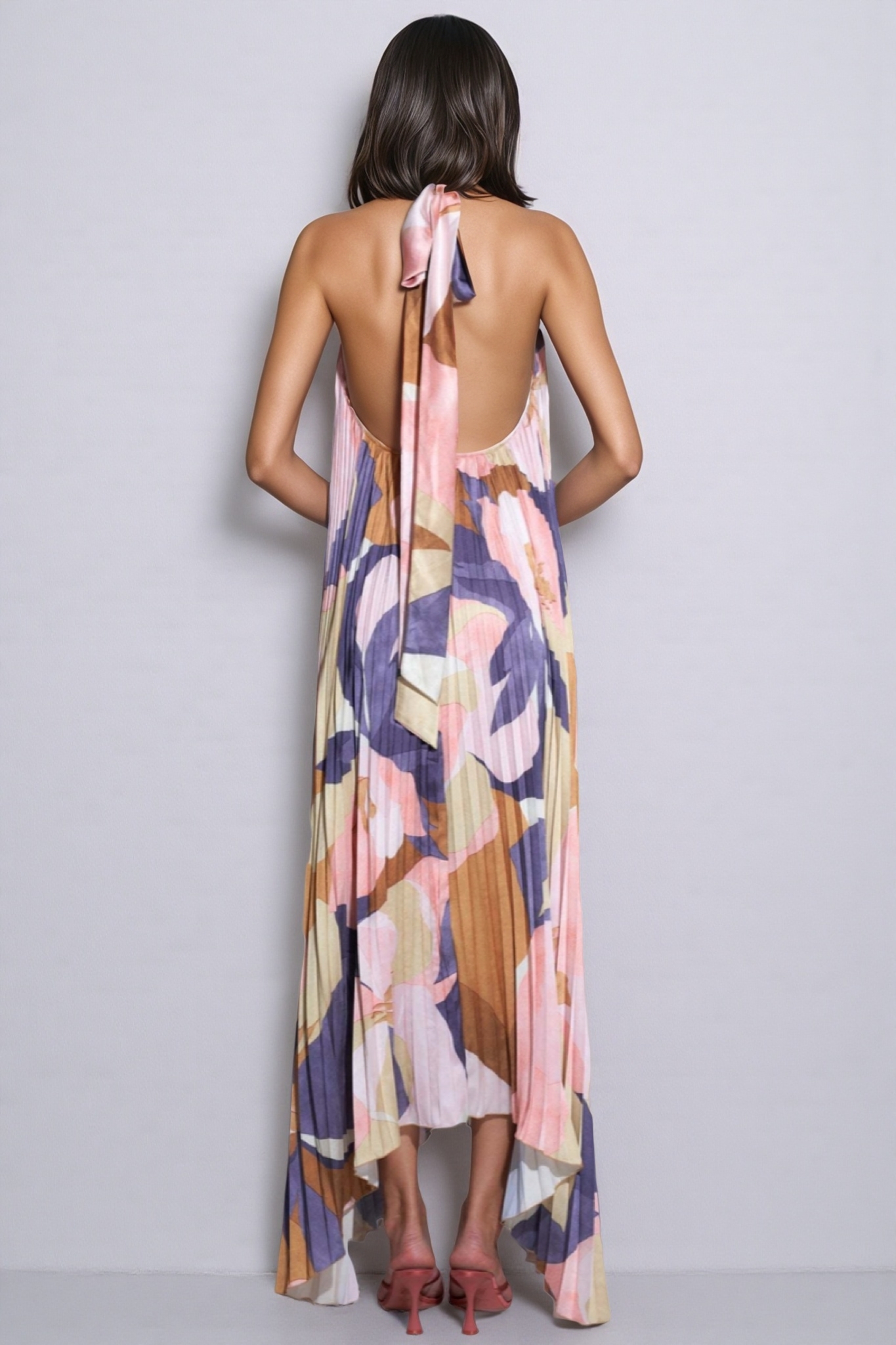 Elia Irregularly Pleated Printed Maxi Dress-Caramel Color