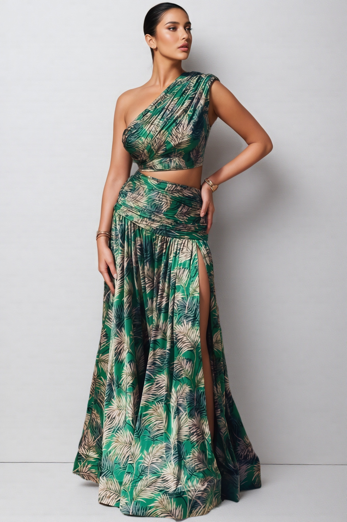 Dritad Green One-Shoulder Slit Maxi Dress Set