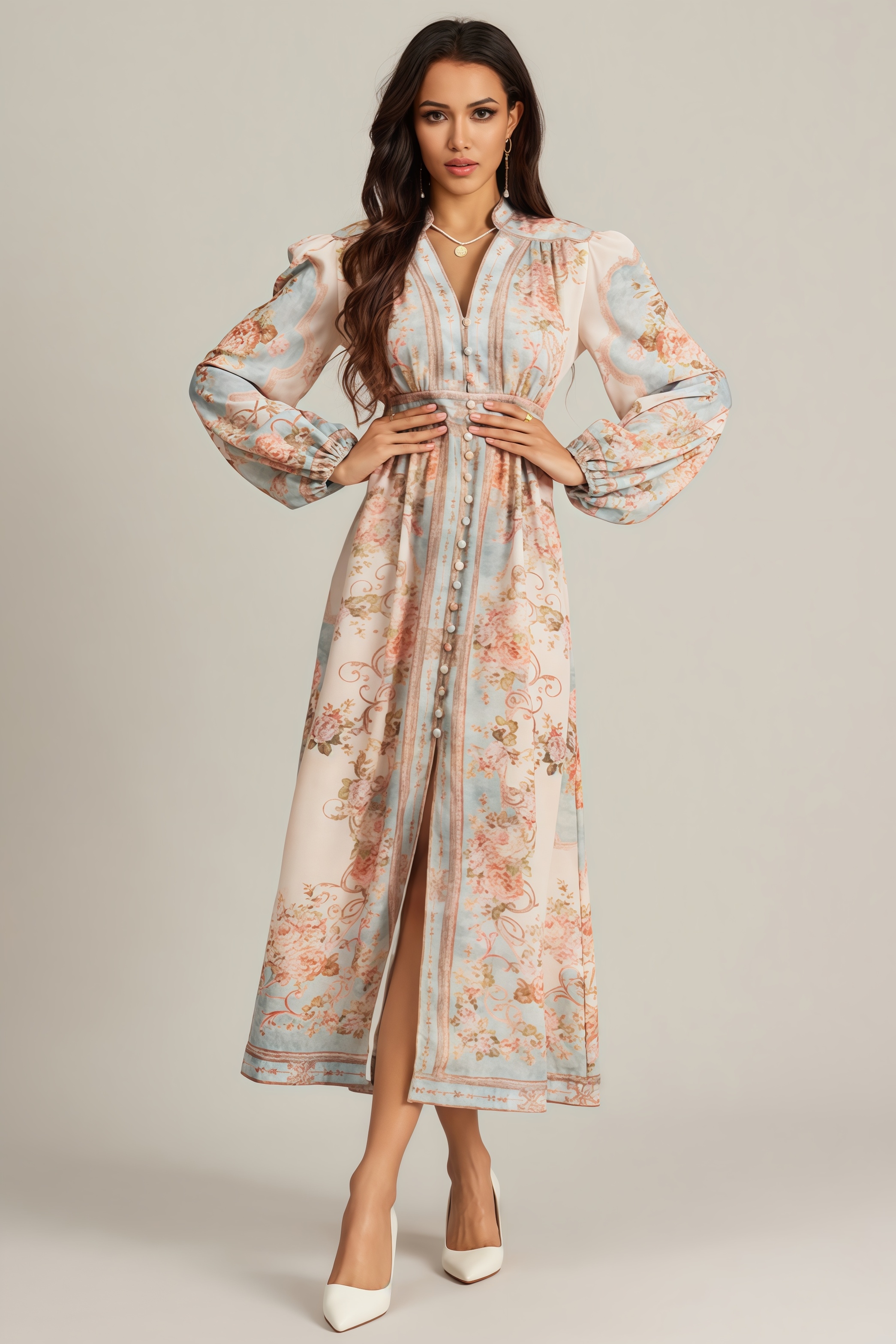 Quillon Blue Print Single Breasted Maxi Dress