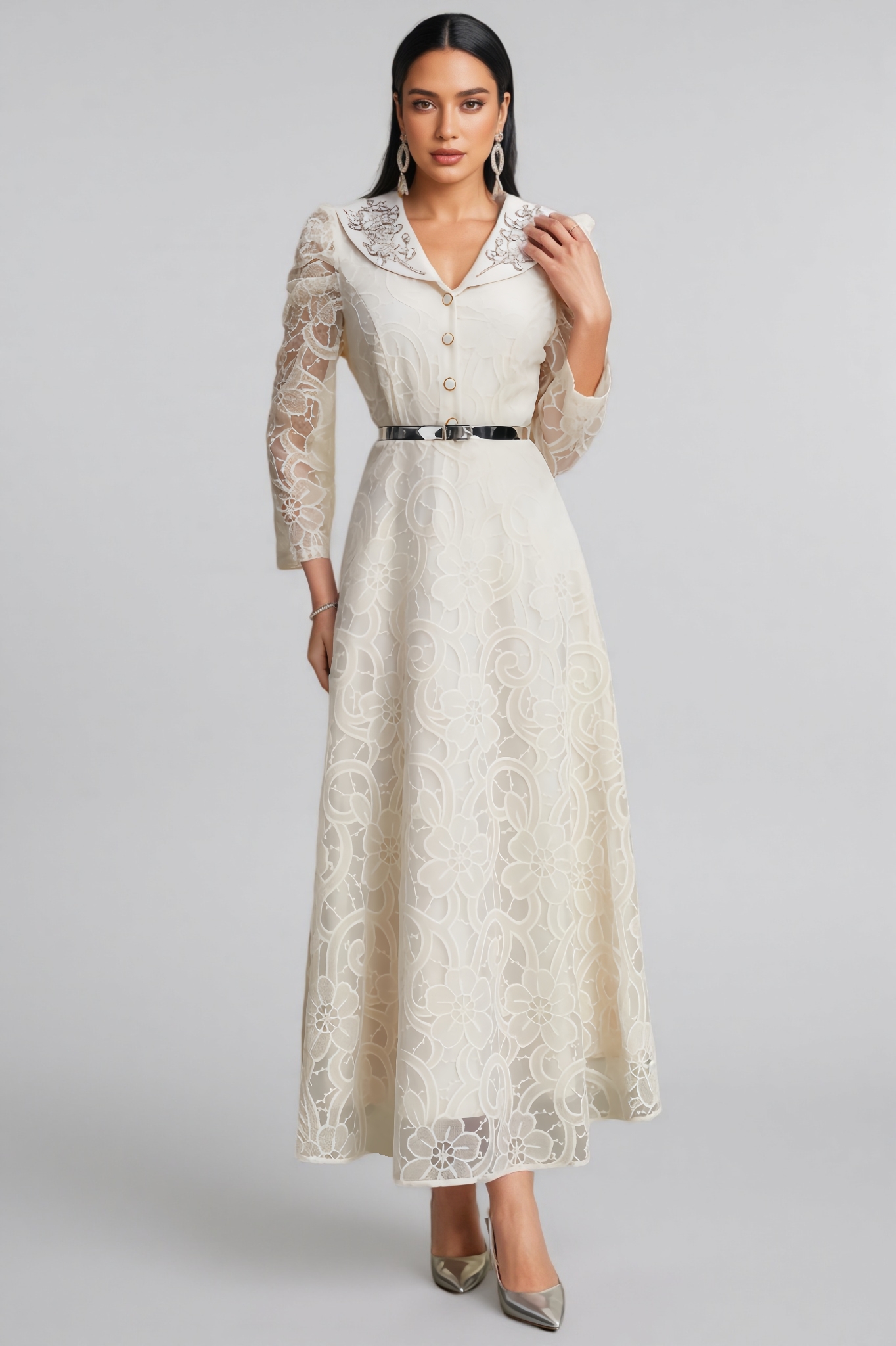 Oana Diamond-Encrusted Lace Maxi Dress