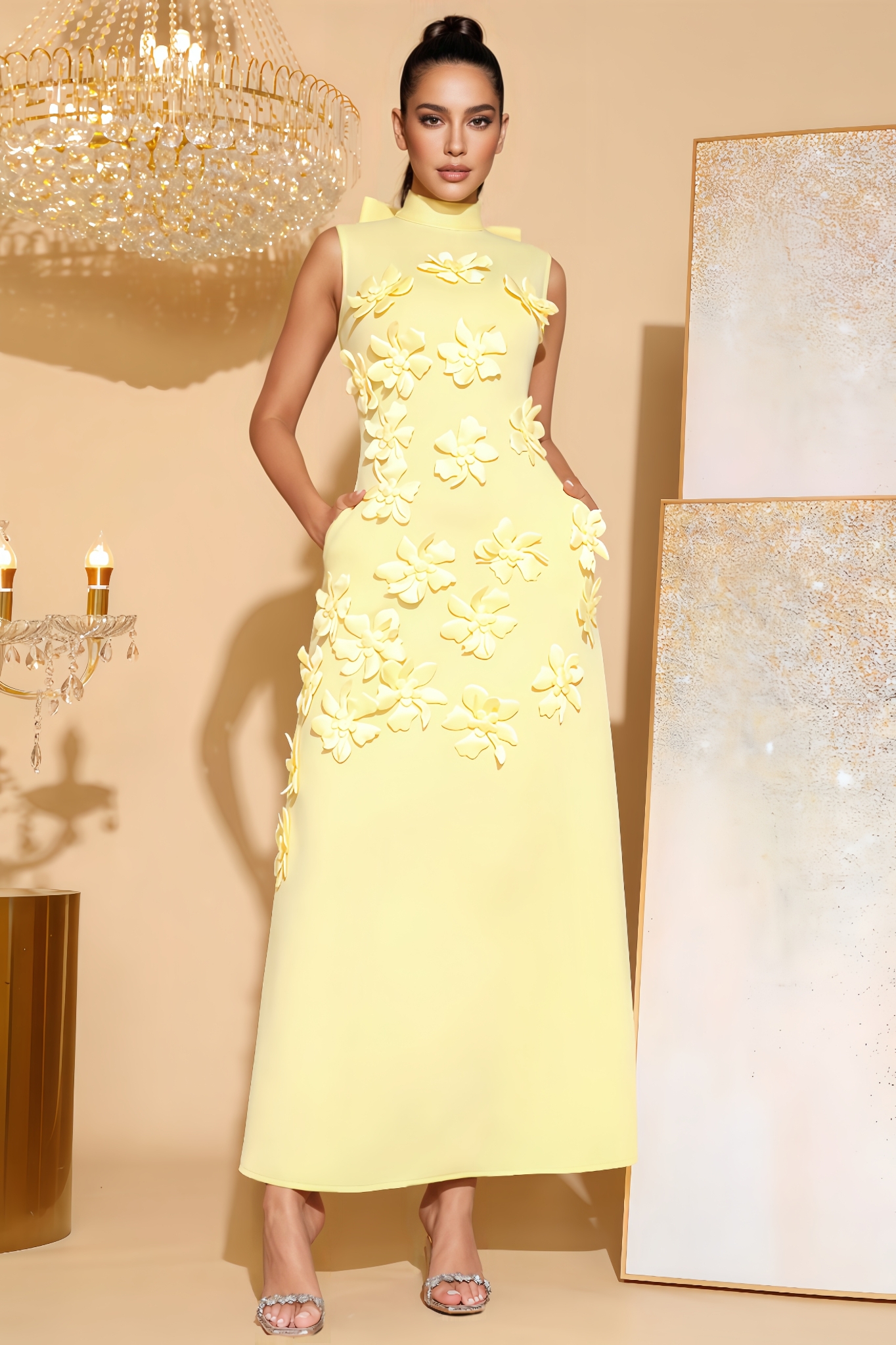 Liva Sleeveless 3D Floral Maxi Dress