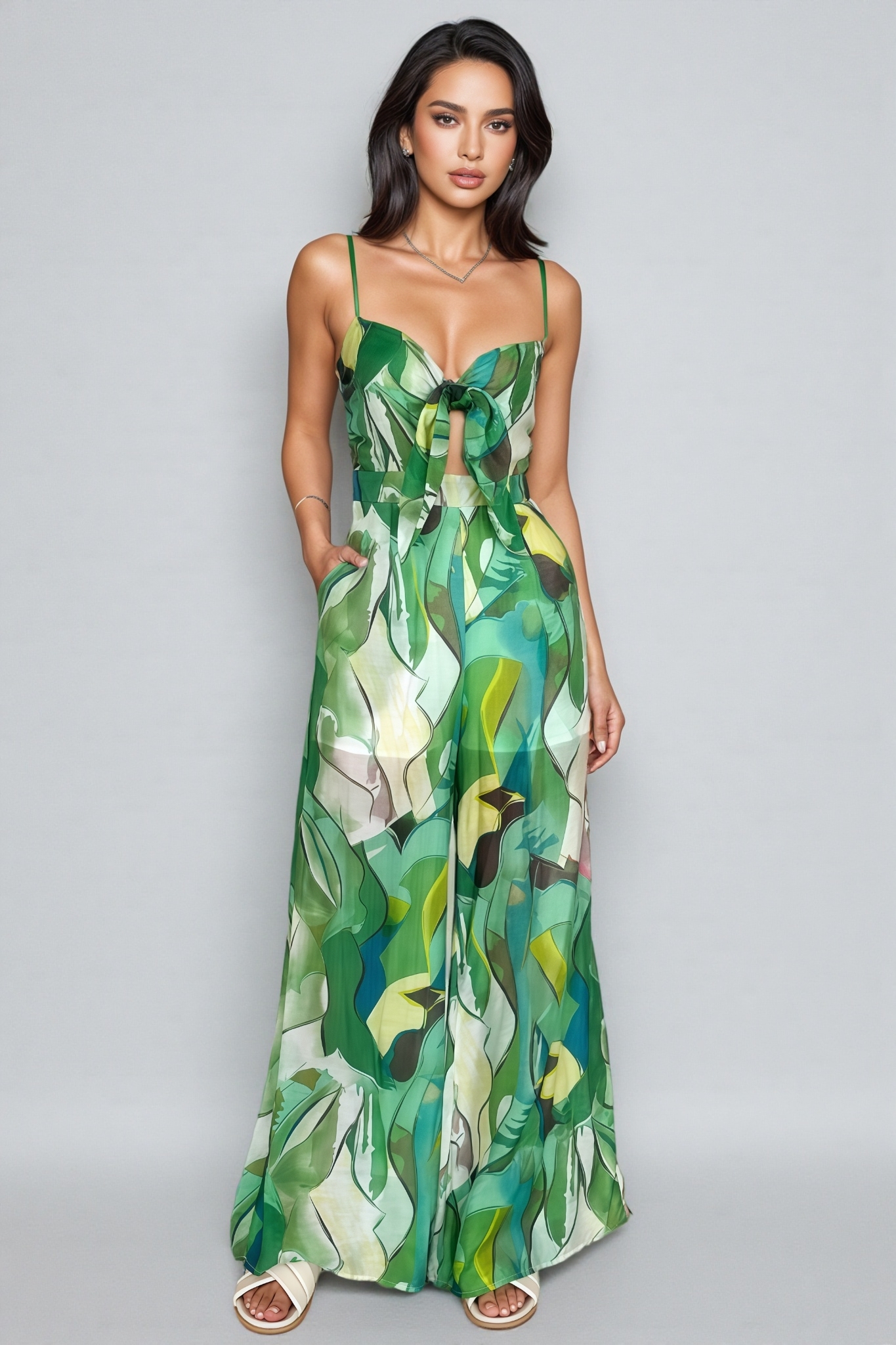 Quinn Green Printed Halter Bow Jumpsuit