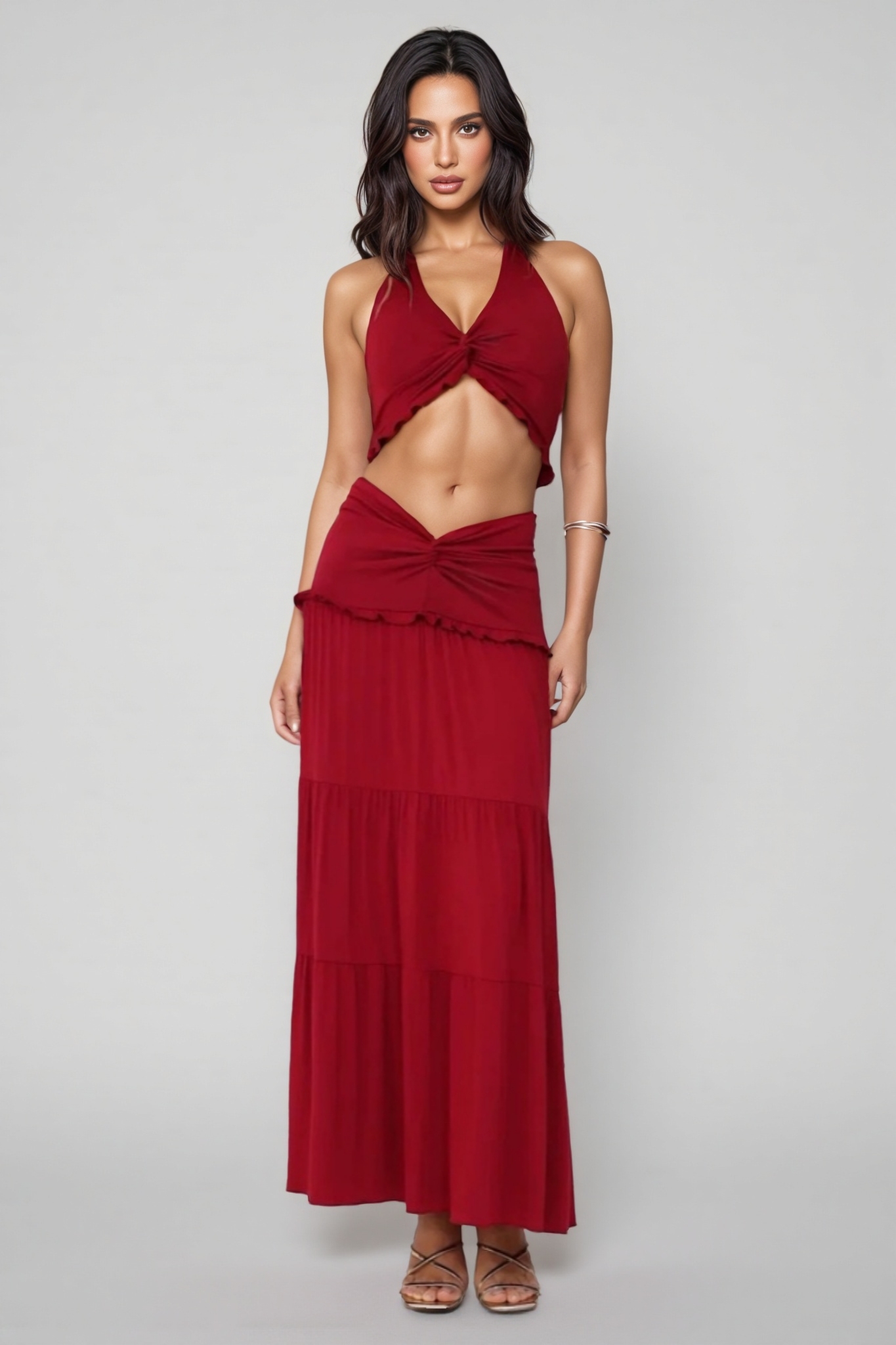 Rylena Red Backless Top Maxi Dress Set