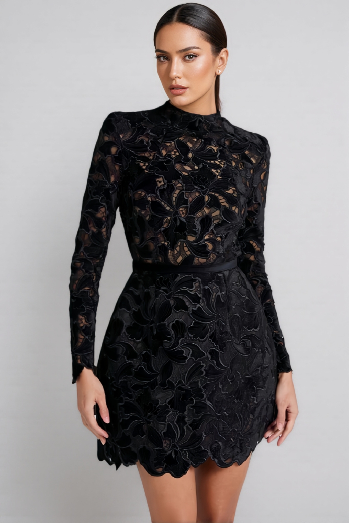 Vali Long Sleeve Lace Mini Dress-Black