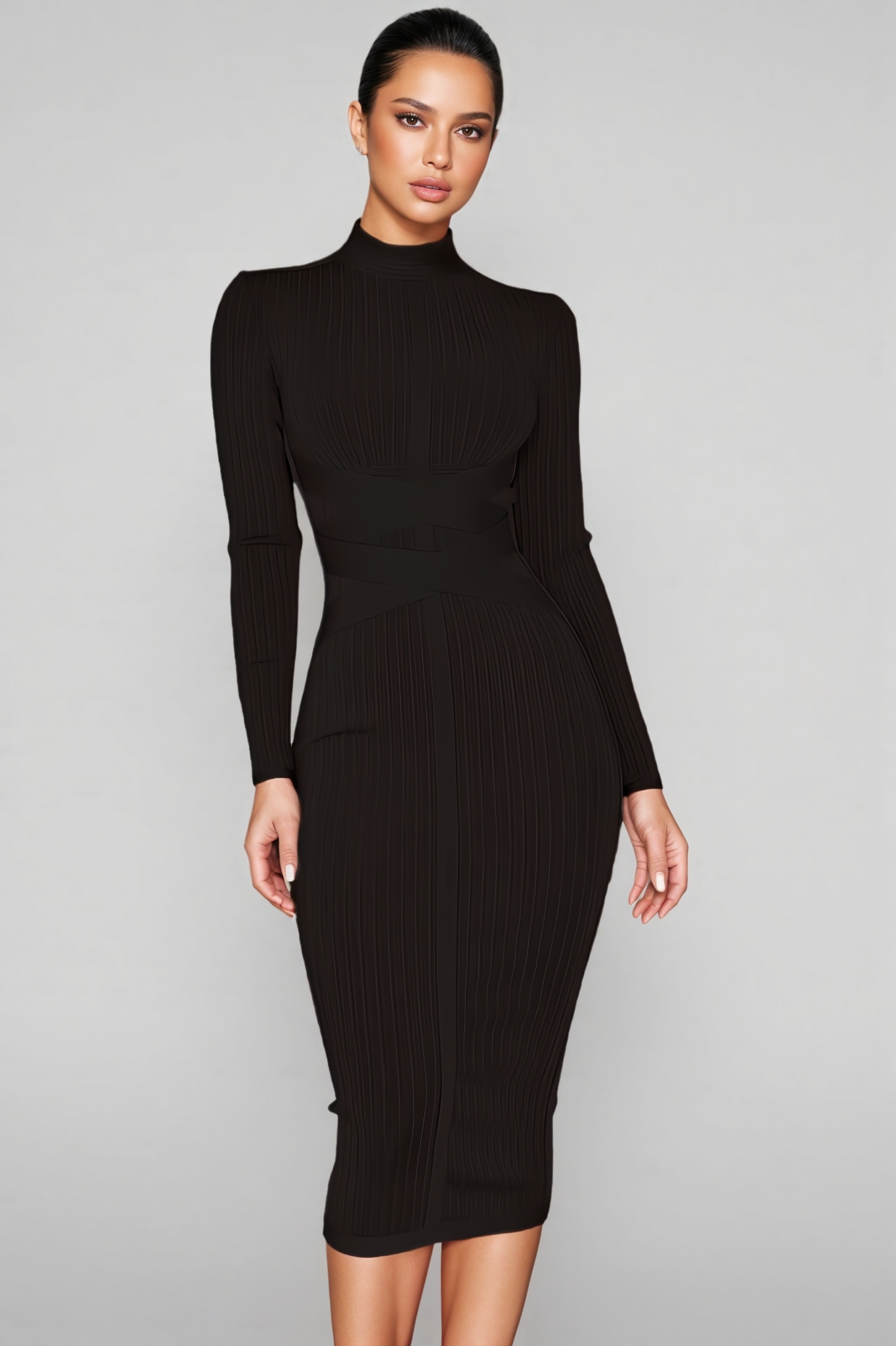 Analu Solid Colour Stand Collar Midi Dress