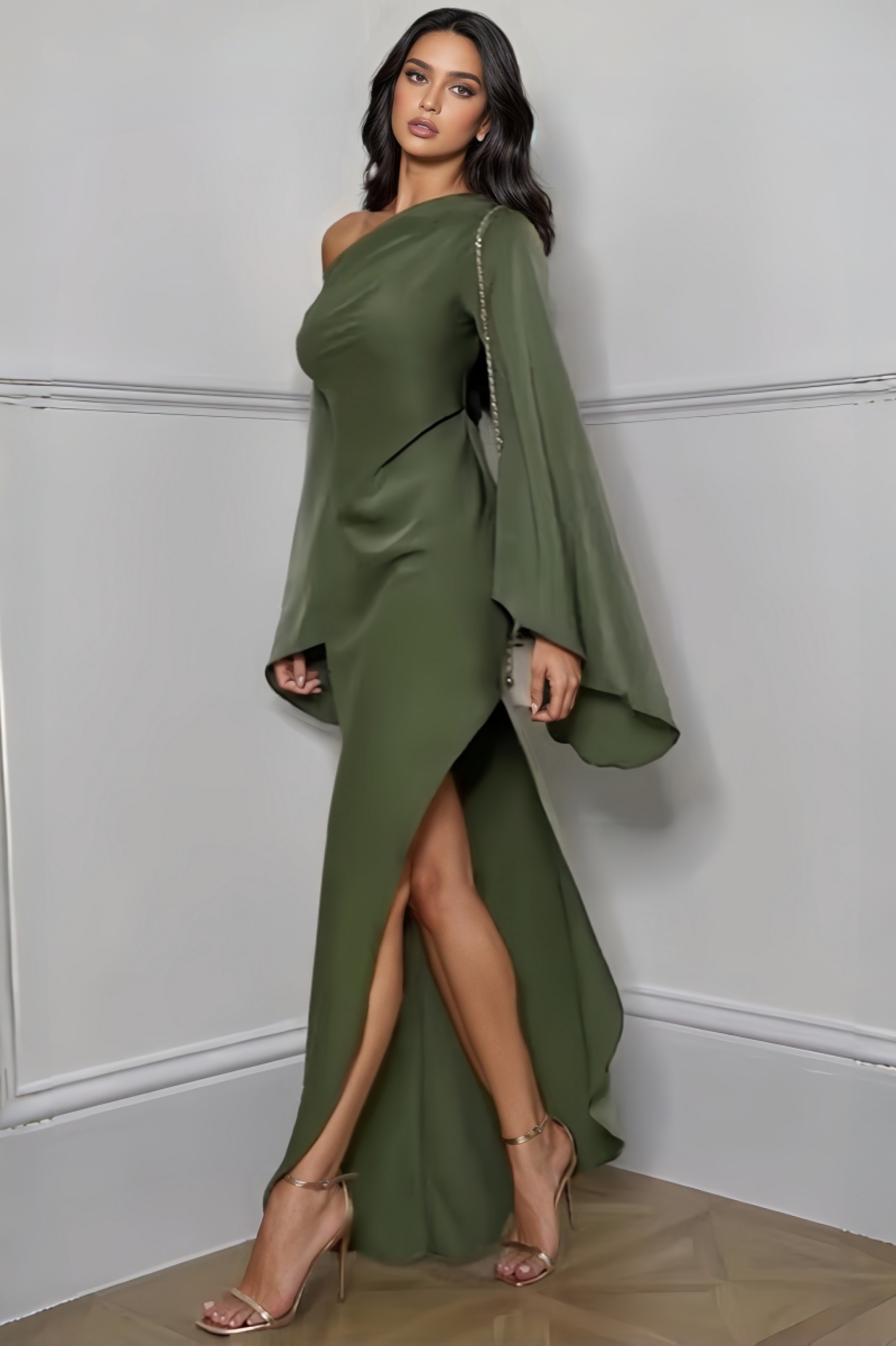 Ephai Solid Coloured Slanting Shoulder Maxi Dress