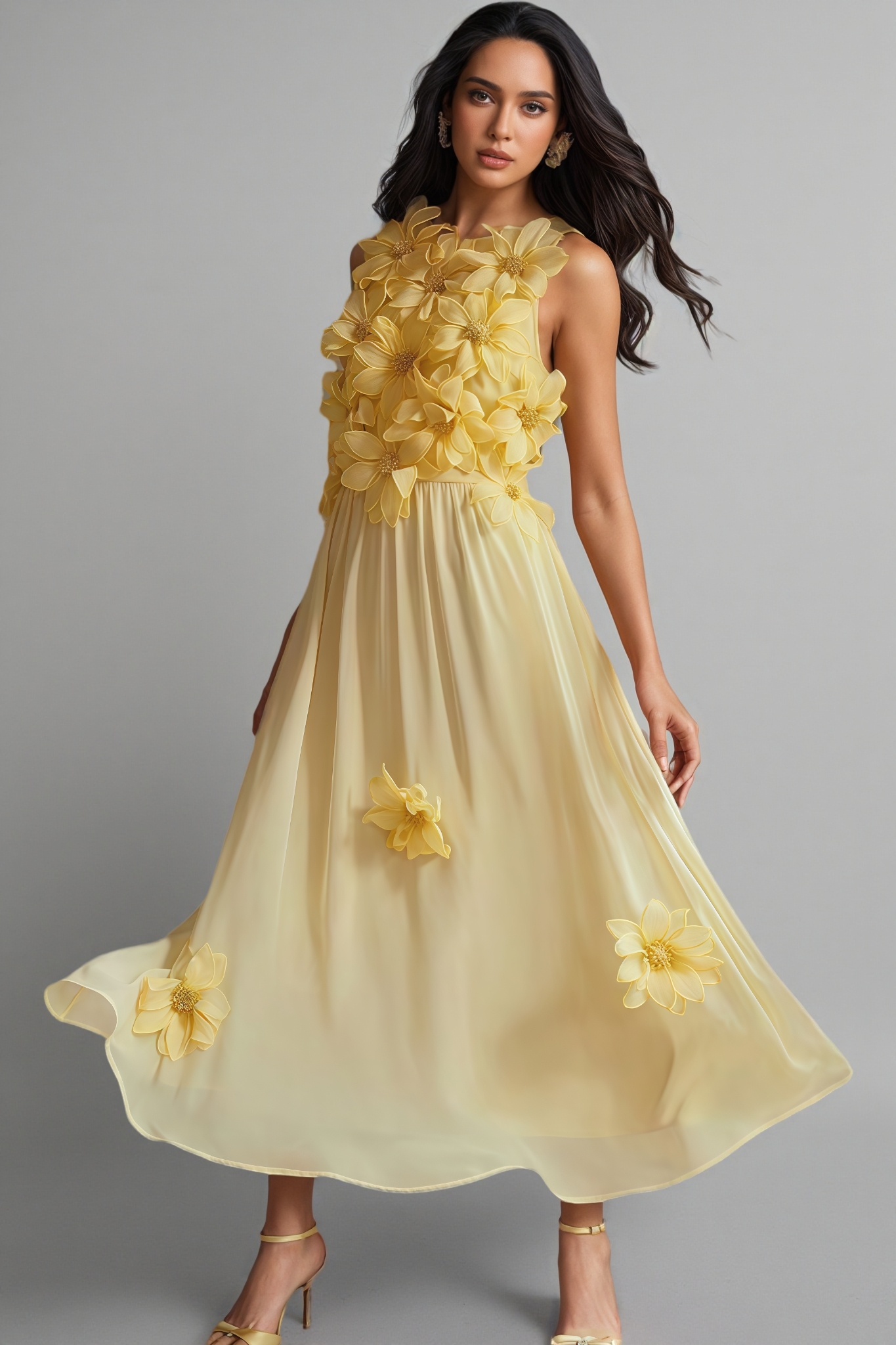 Ytharis Yellow 3D Floral Maxi Dress