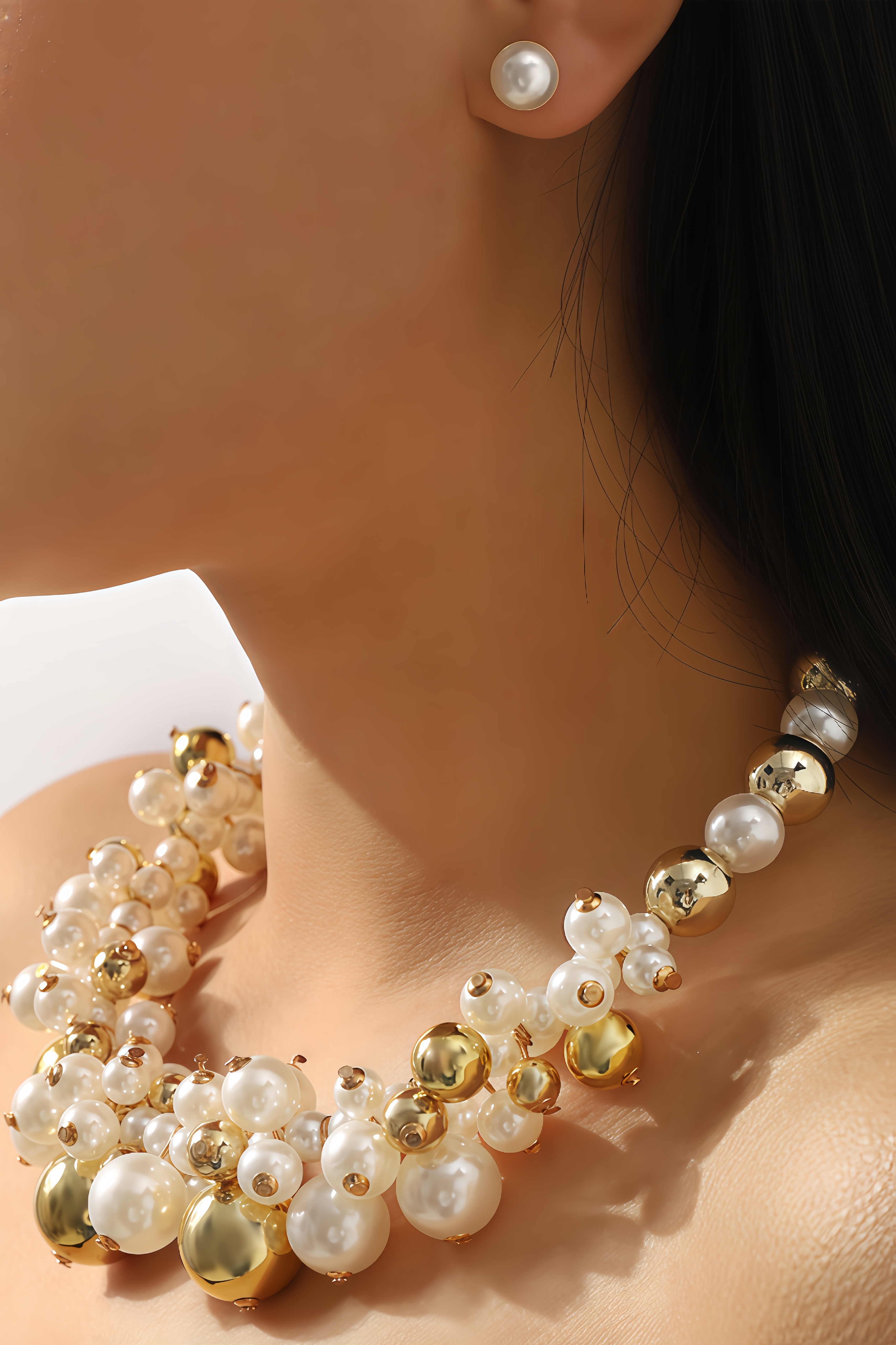 Stripe Imitation Pearl Stud Earring and Necklace Set