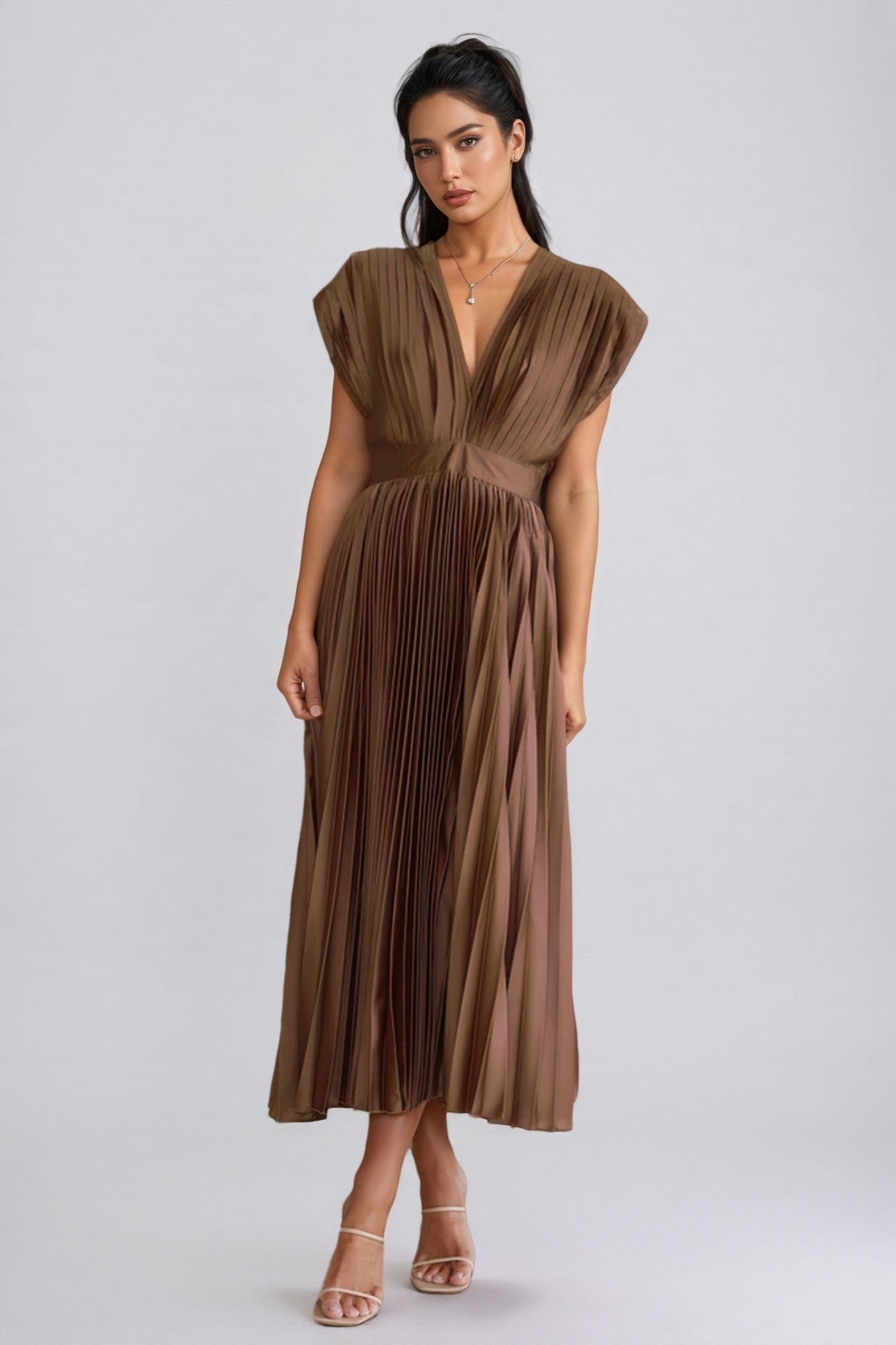 Civi Sleeveless Pleated Maxi Dress-Brown