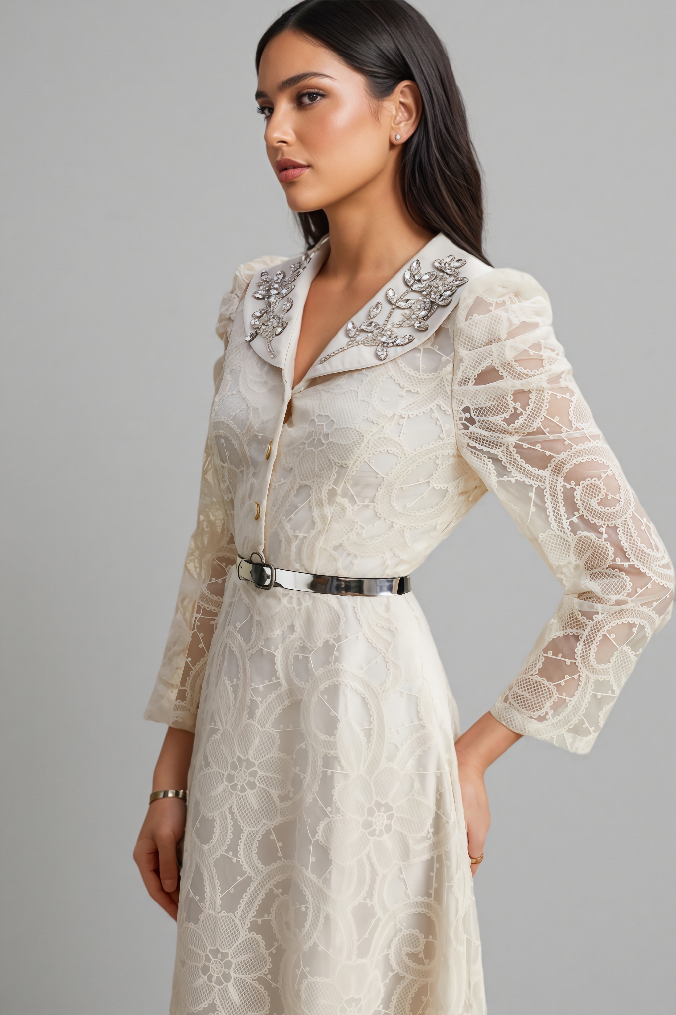 Oana Diamond-Encrusted Lace Maxi Dress