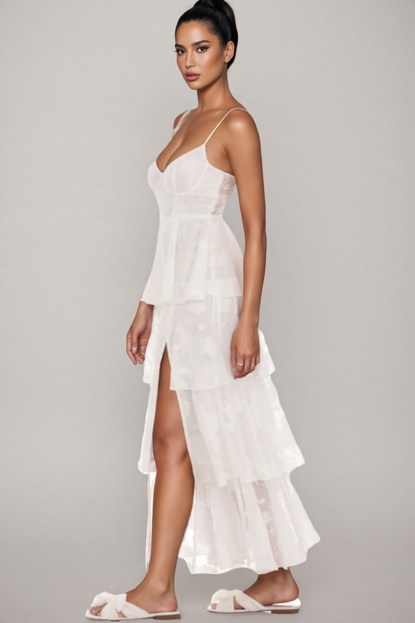 Charke White Floral Ruffle A-line Maxi Dress