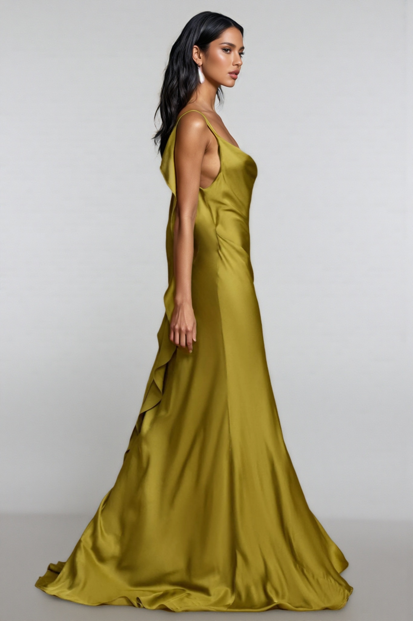 Lelia Solid Satin Backless Frill Maxi Dress