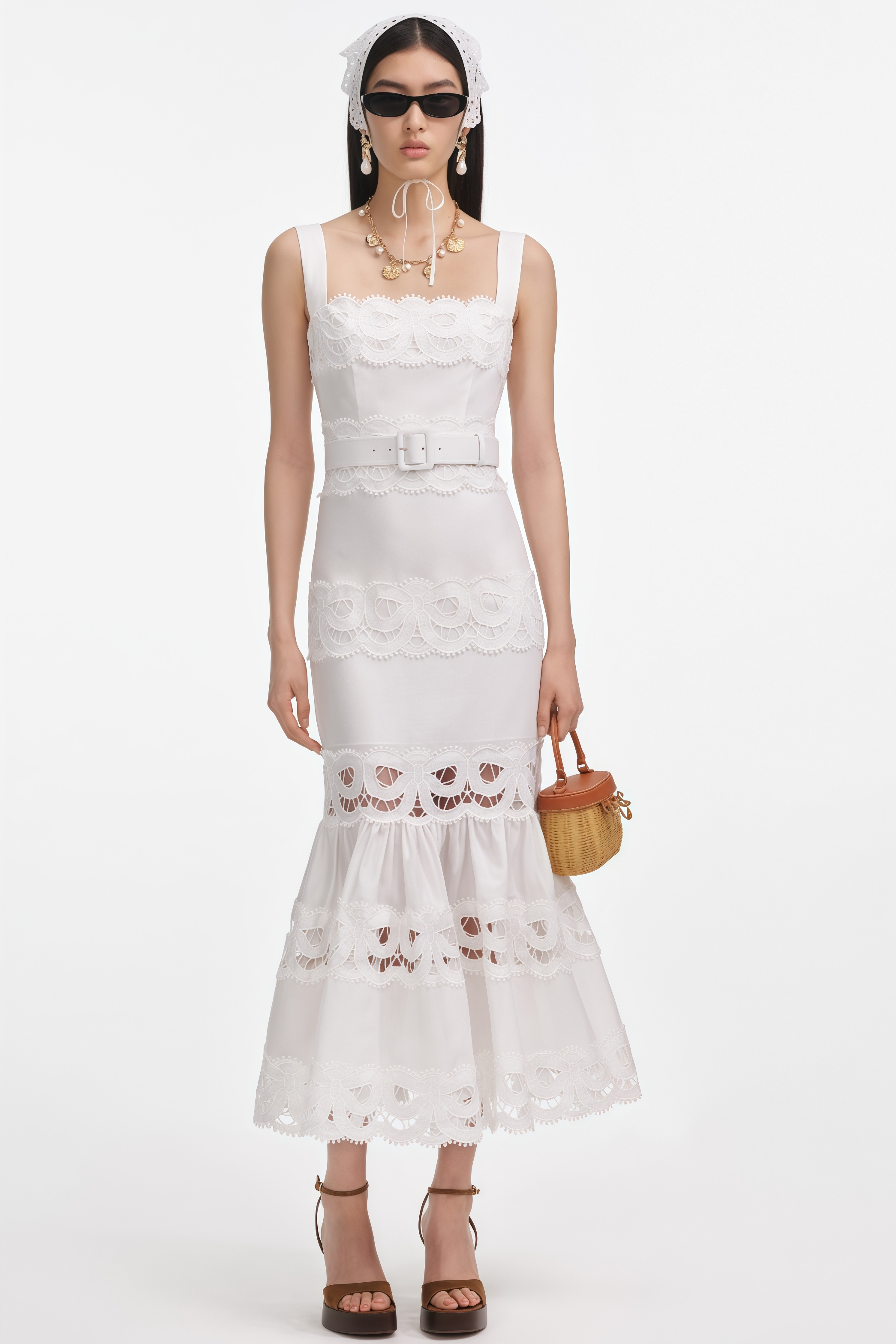 Lirith White Linen Lace Insert Midi Dress