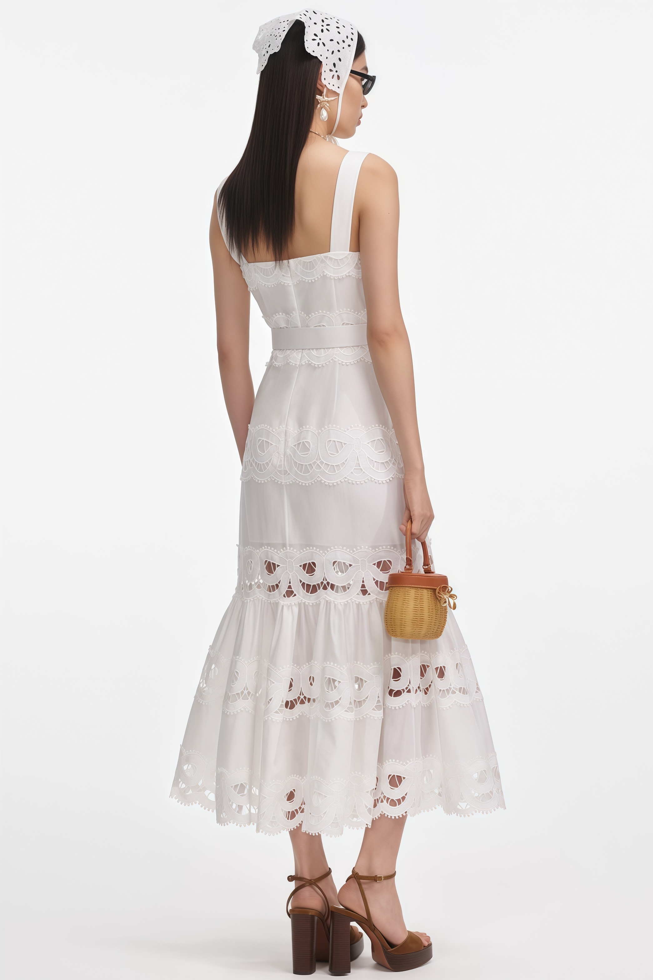 Lirith White Linen Lace Insert Midi Dress