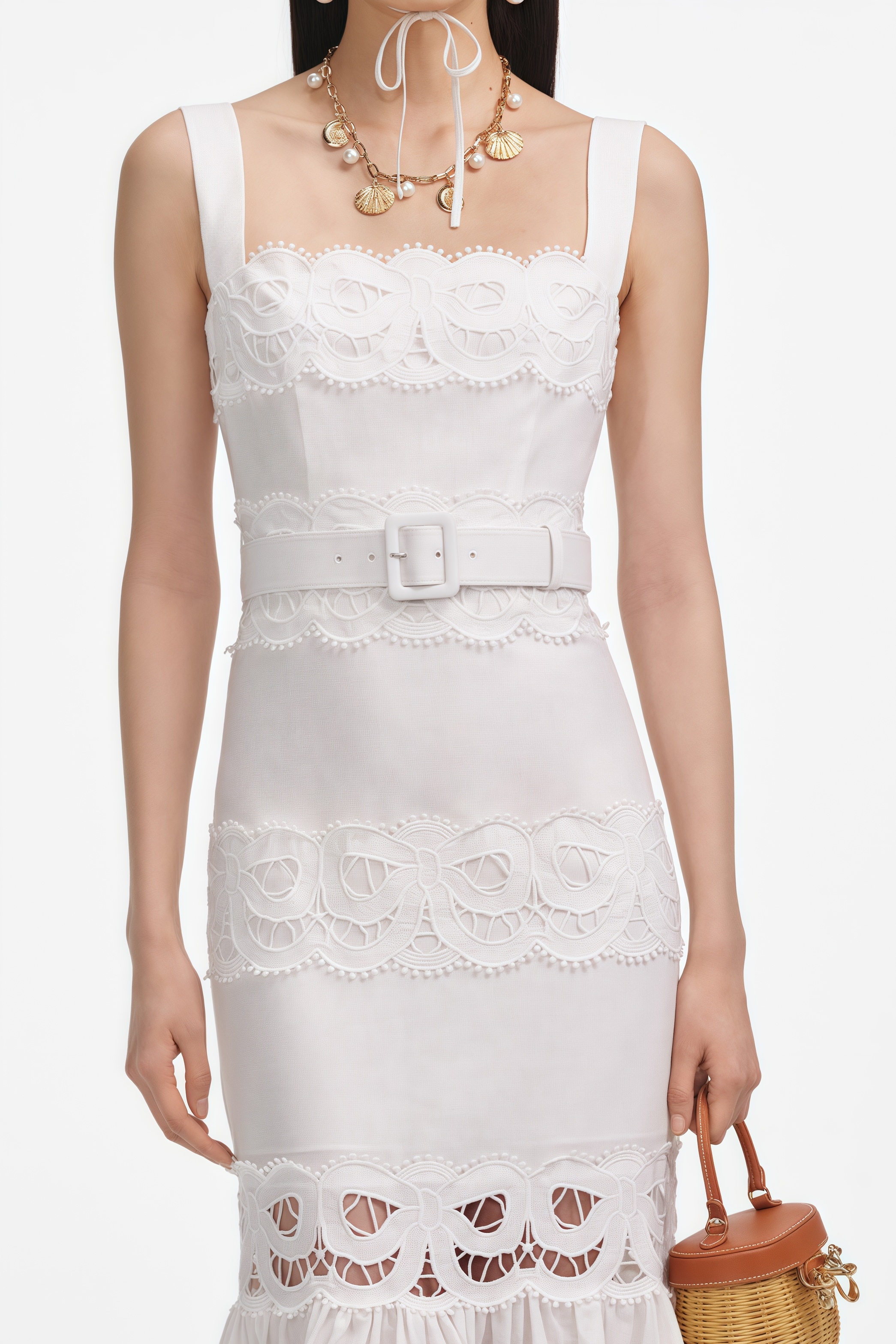 Lirith White Linen Lace Insert Midi Dress