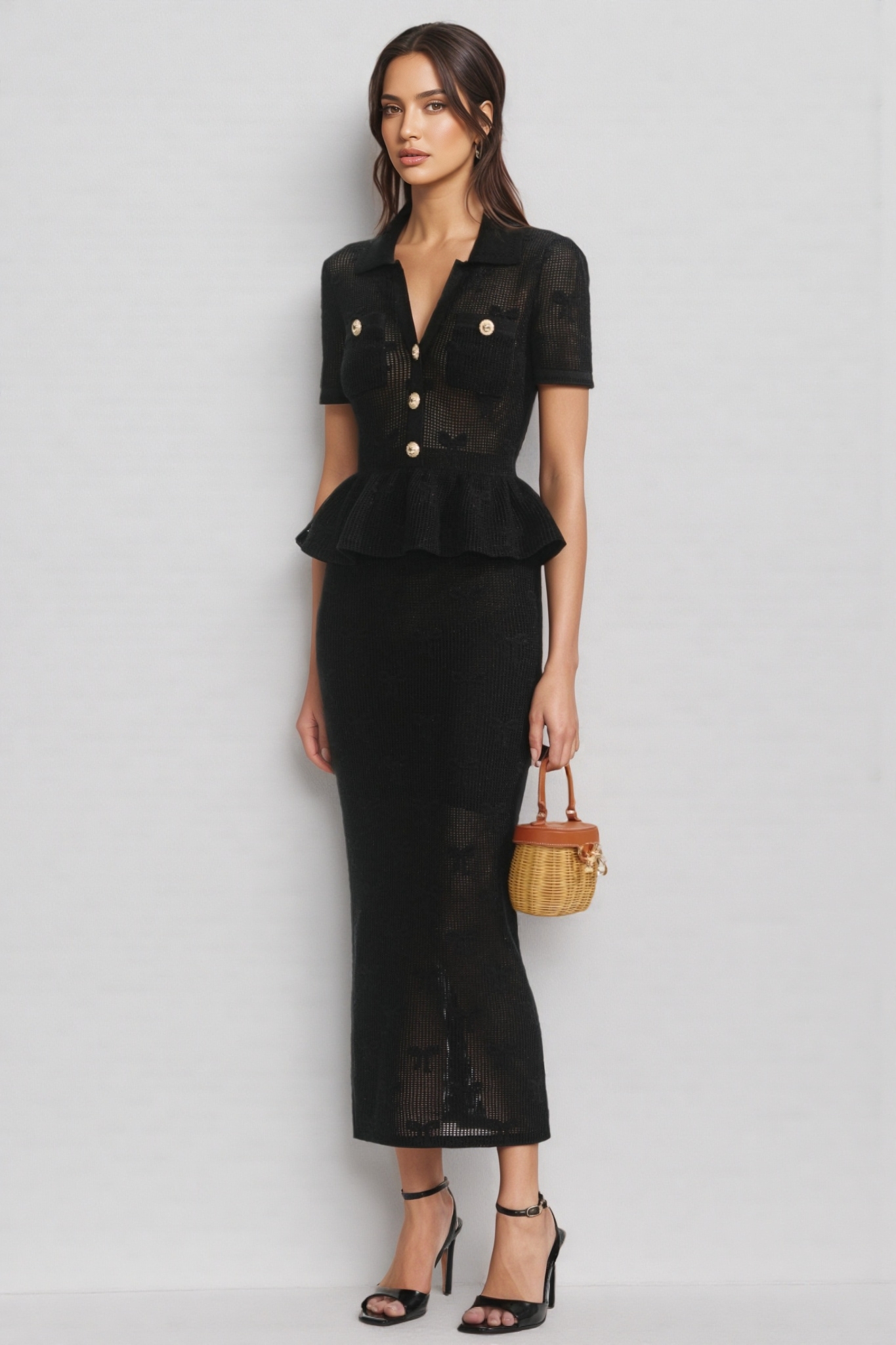 Grayld Black Bow Crochet Midi Dress