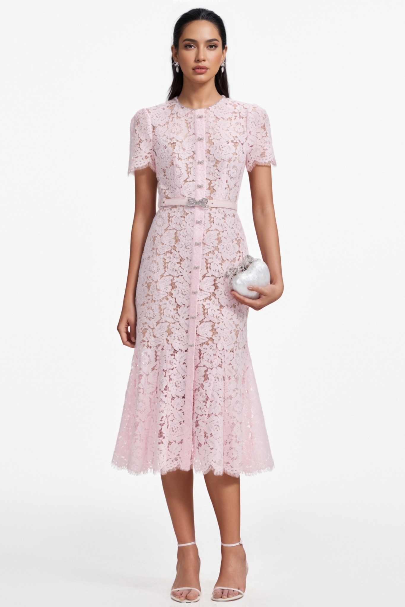 Lika Pink Lace Bow Trim Midi Dress