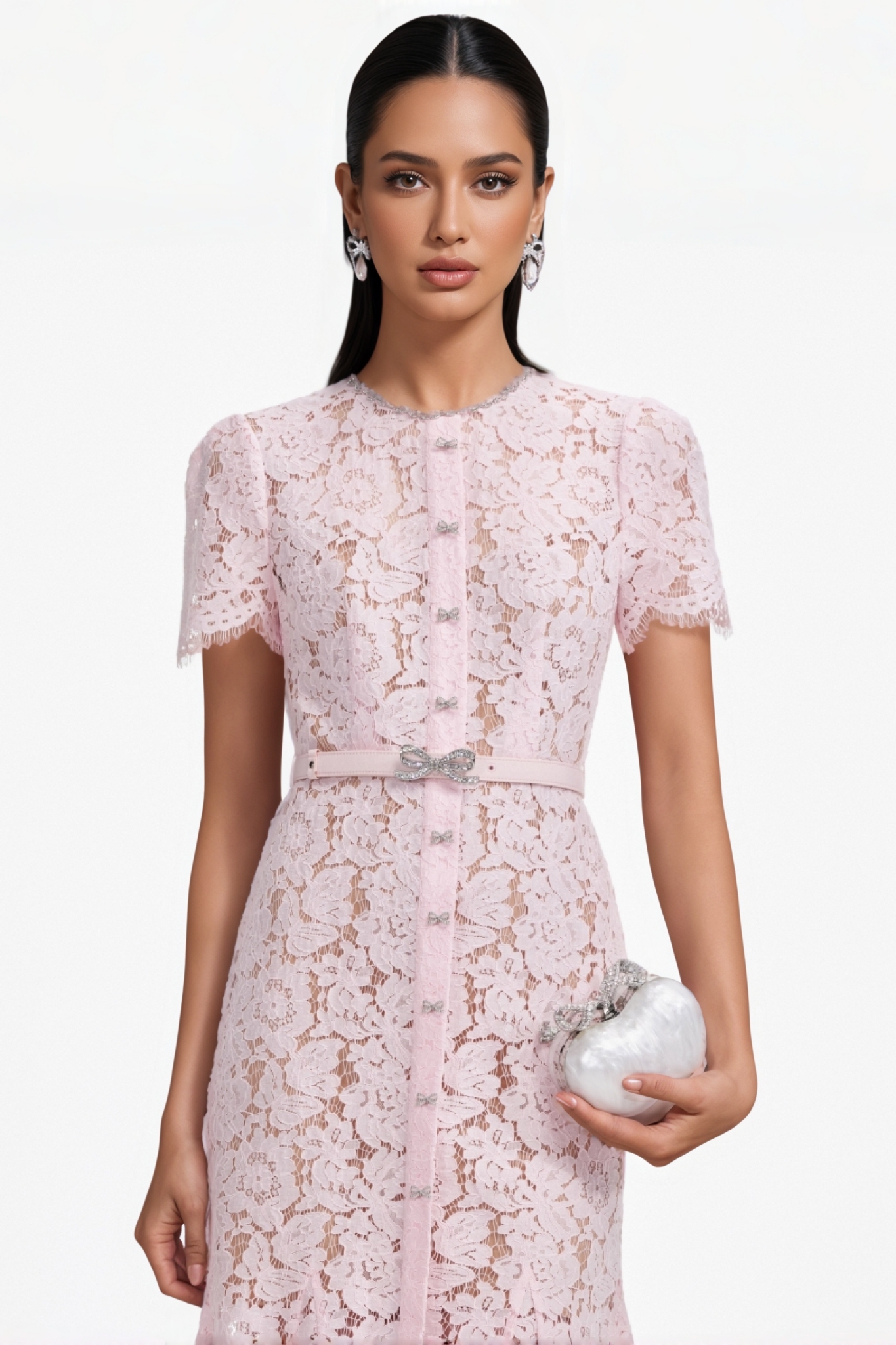 Lika Pink Lace Bow Trim Midi Dress