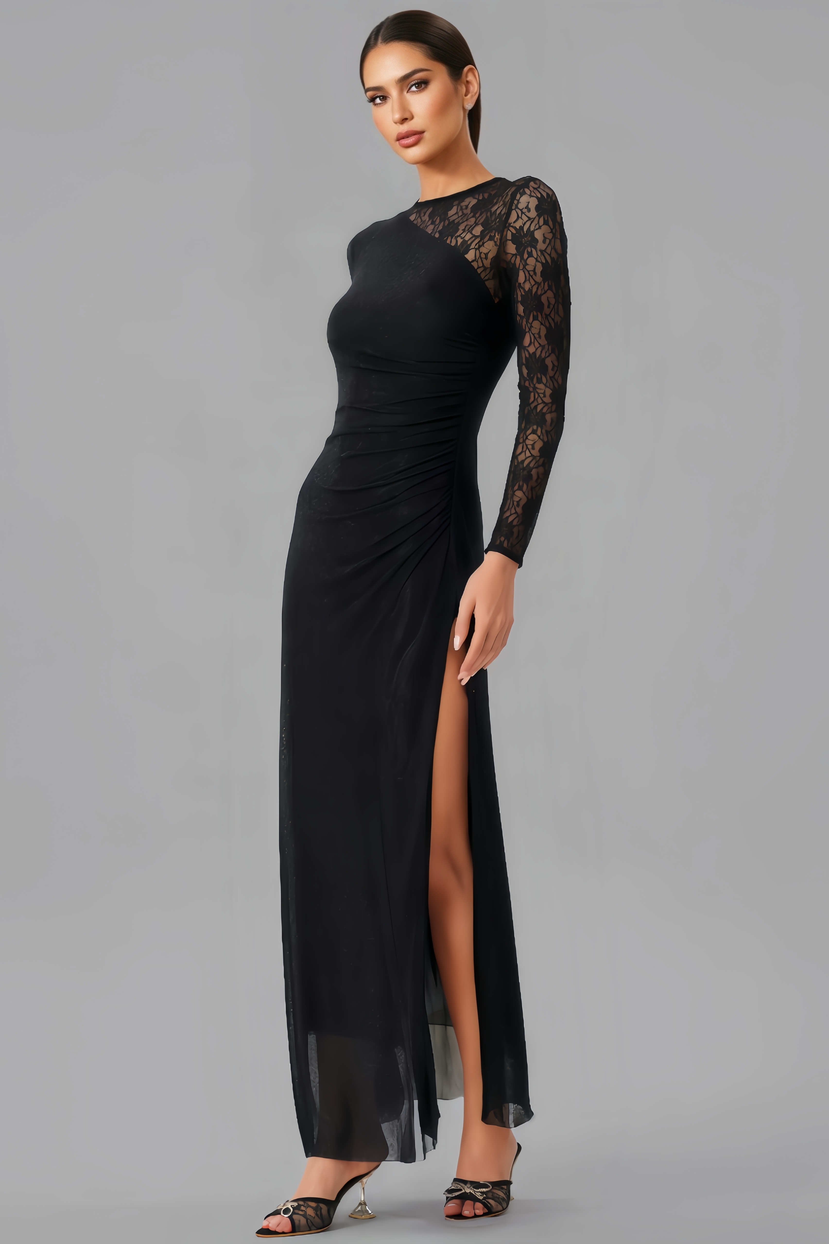 Lazze Rhinestone Lace Split Maxi Dress