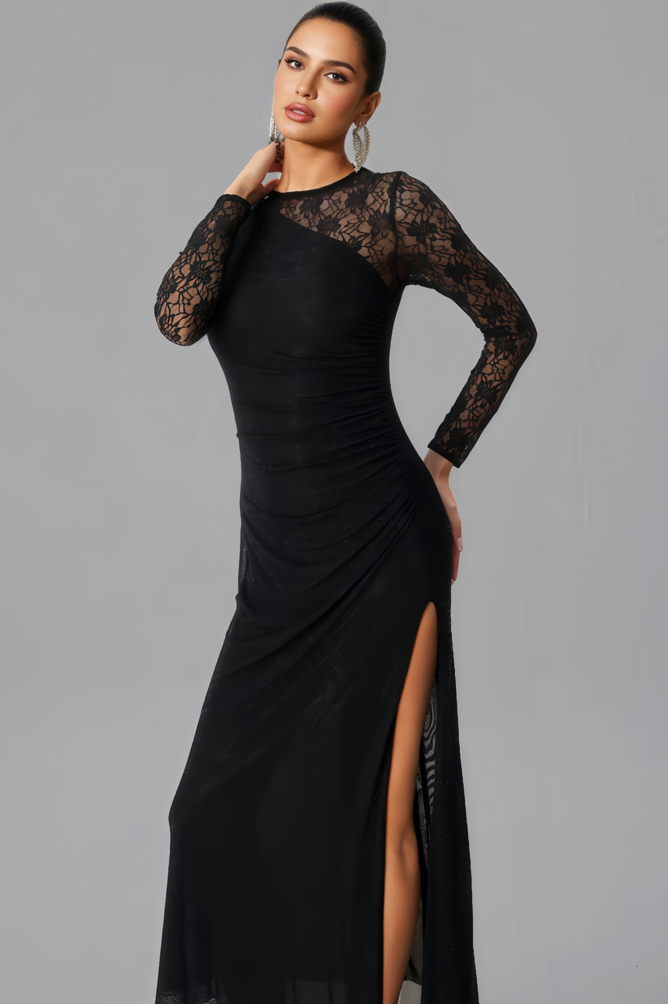Lazze Rhinestone Lace Split Maxi Dress