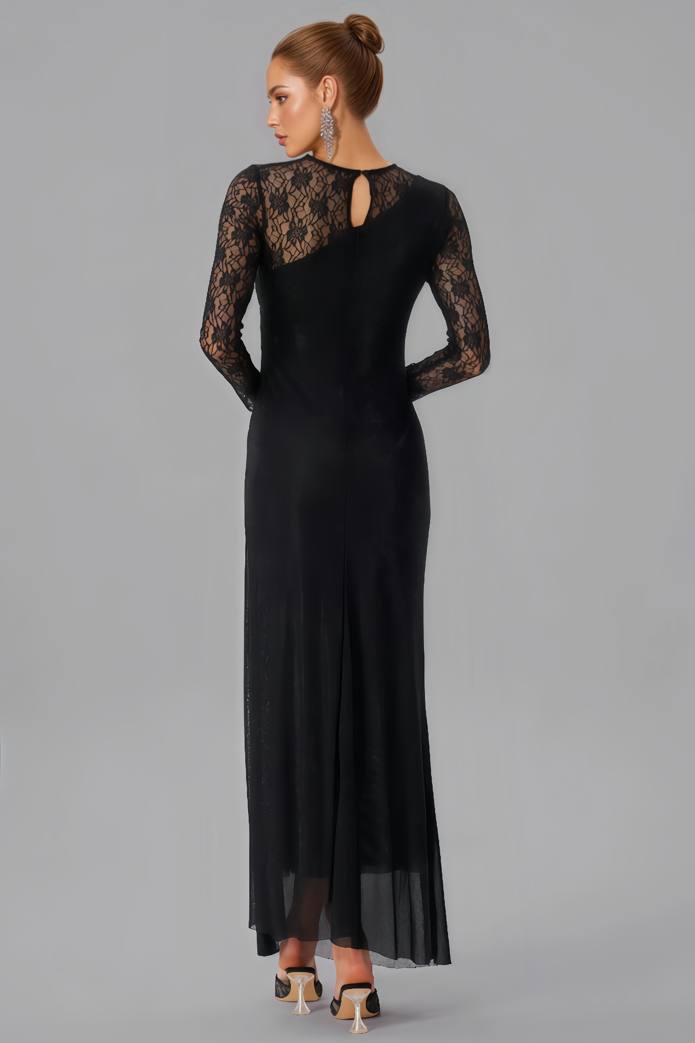 Lazze Rhinestone Lace Split Maxi Dress