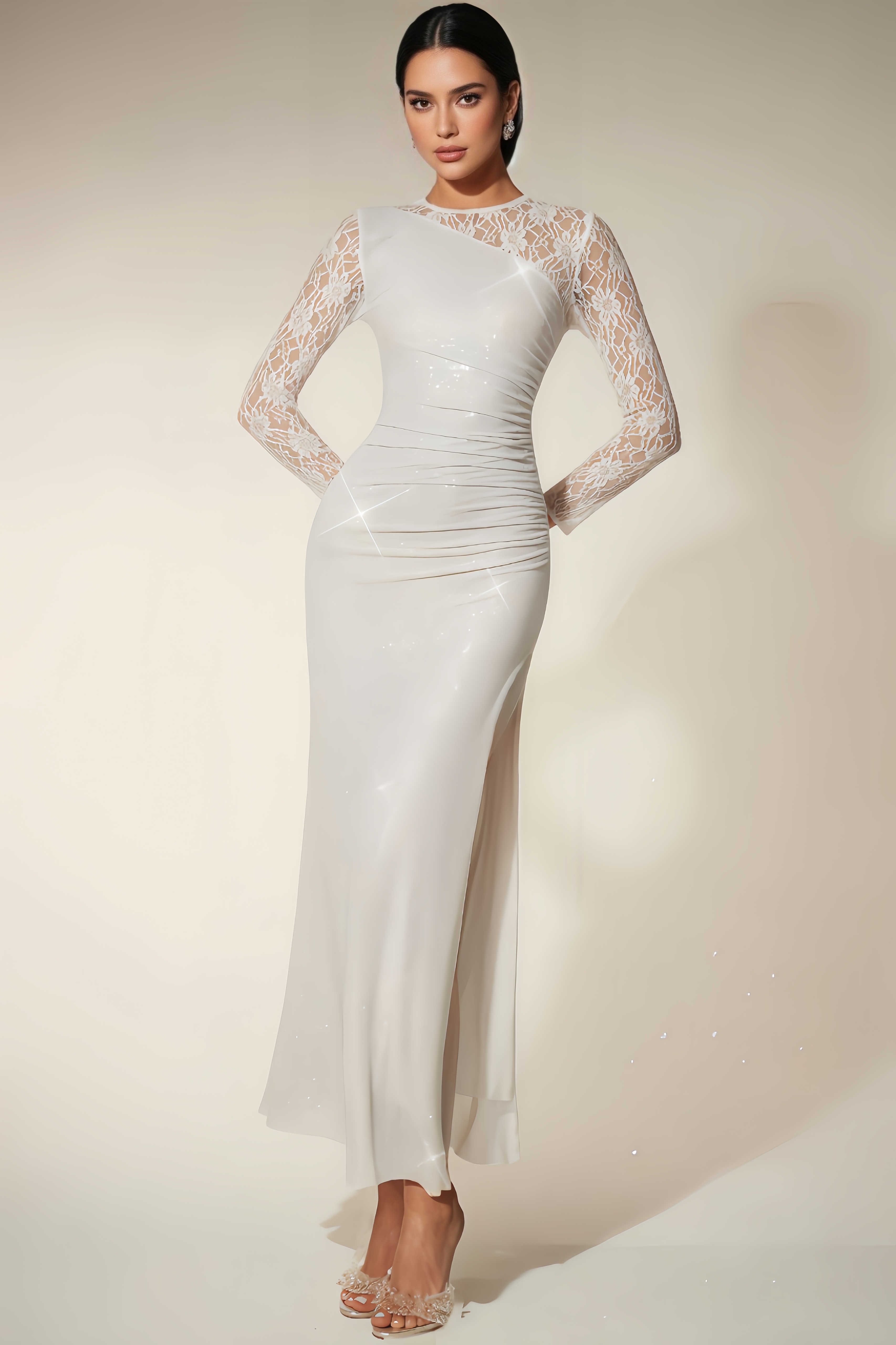 Lolic Rhinestone Lace Split Maxi Dress