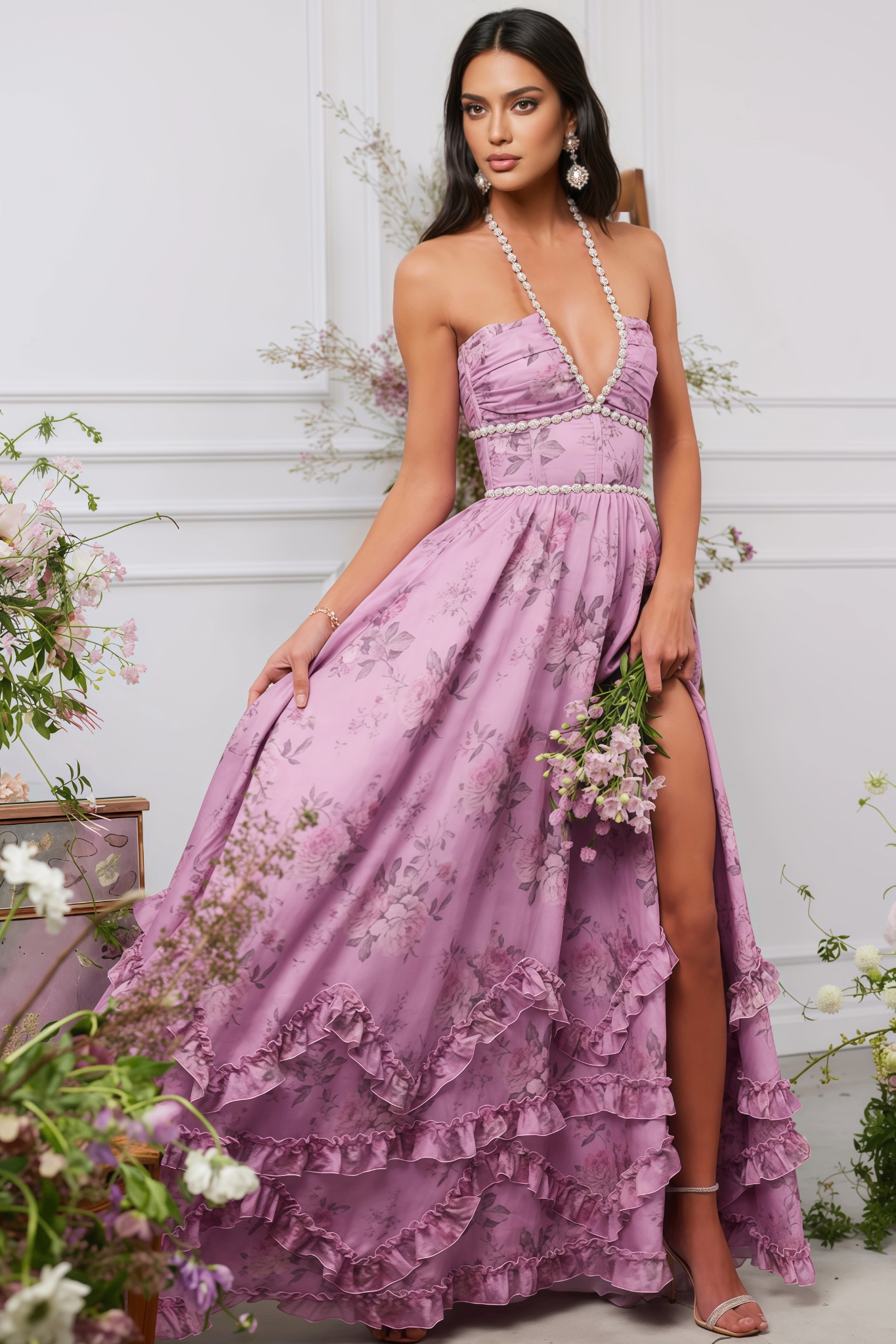 Jodie Printed Hanging Neck Maxi Dress