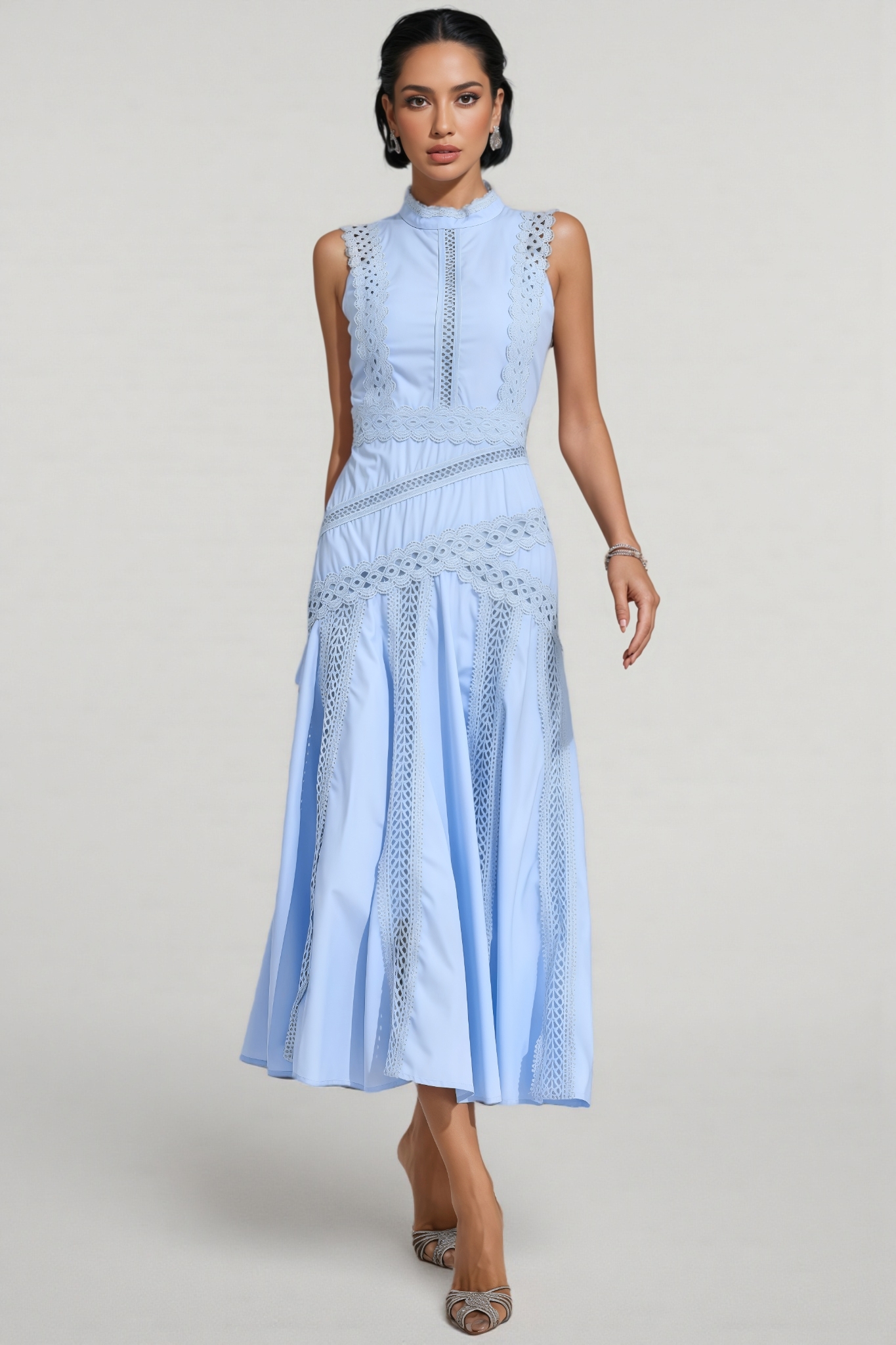 Arwty Blue Sleeveless Lace Midi Dress