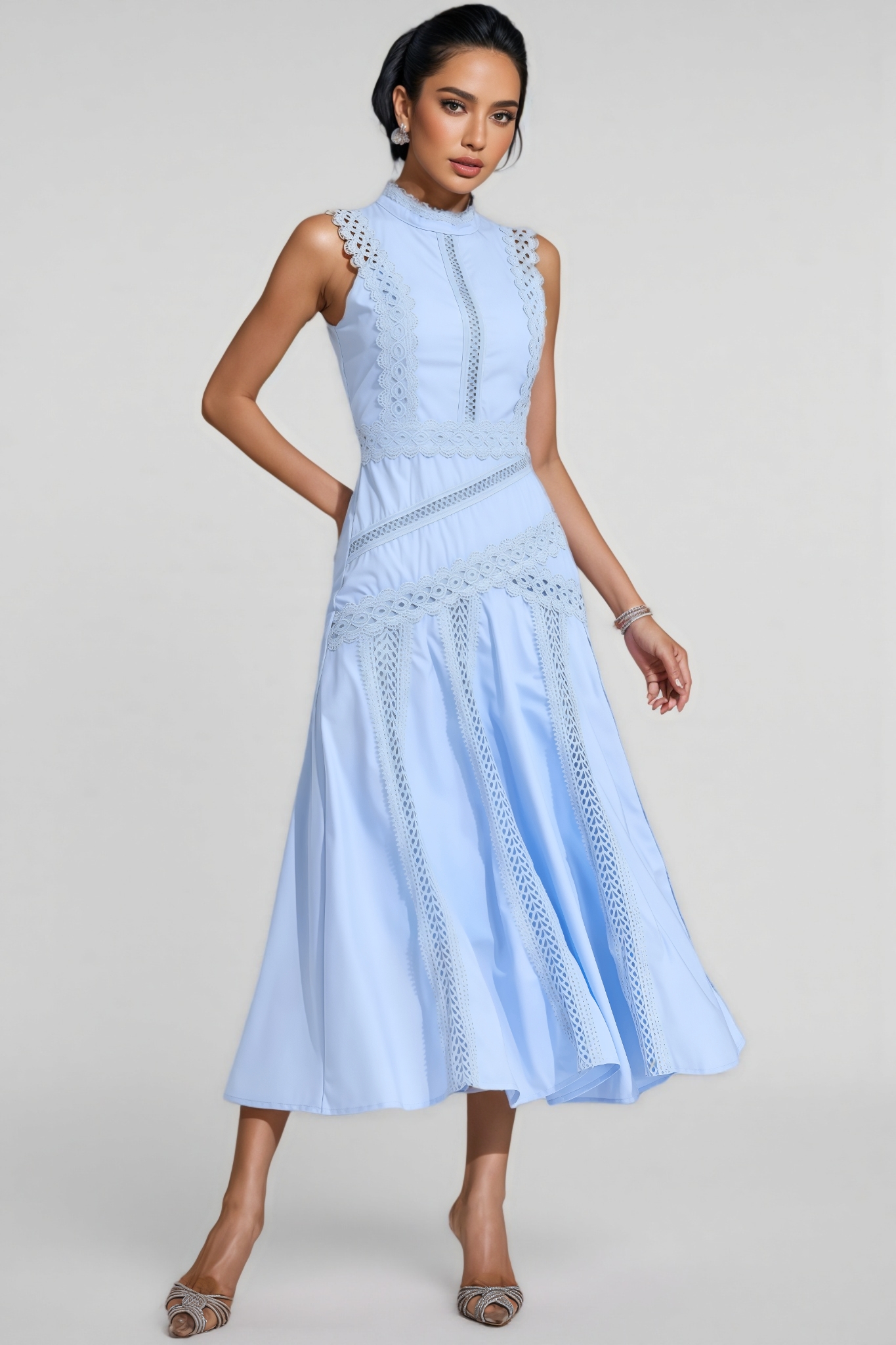 Arwty Blue Sleeveless Lace Midi Dress