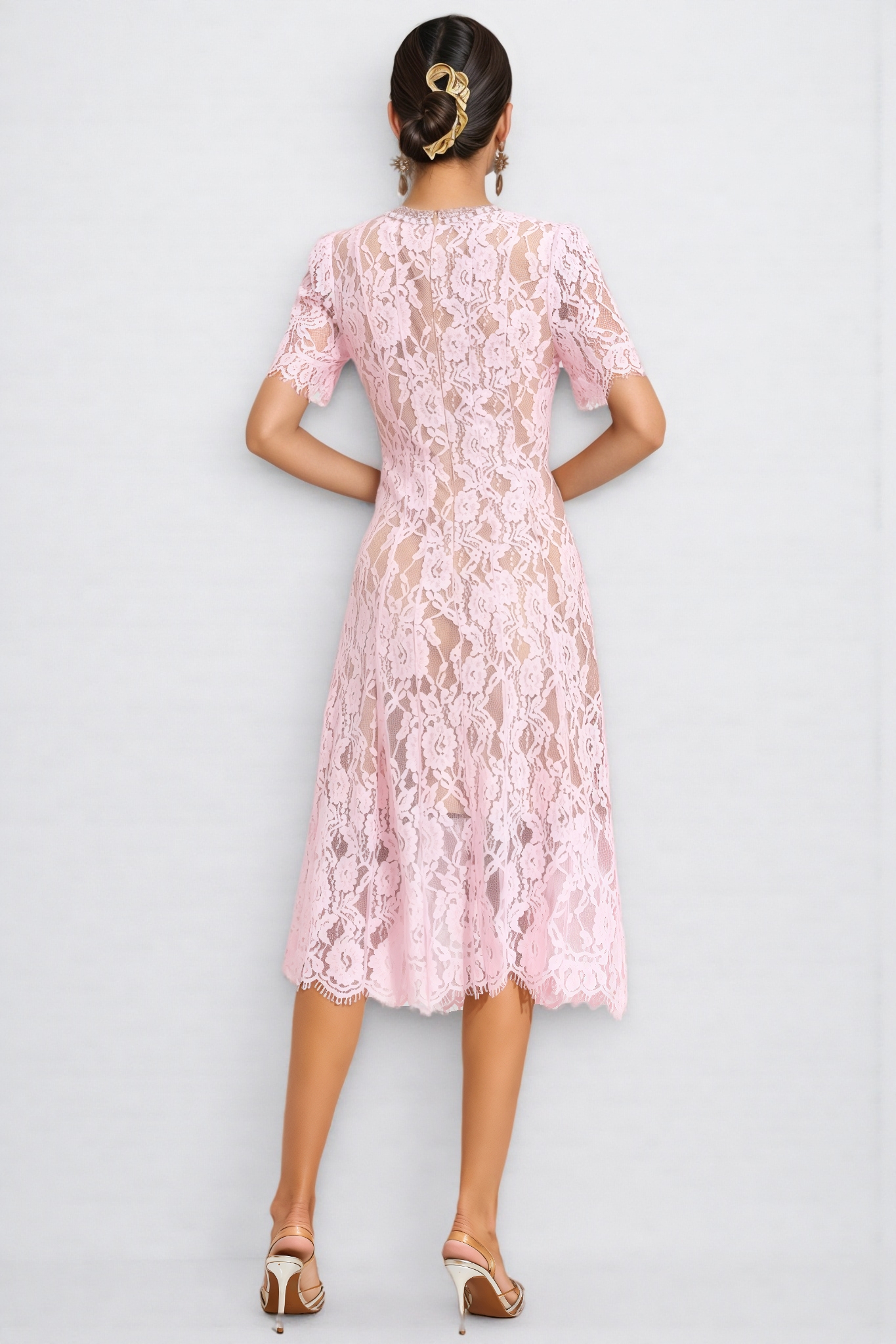 Nelia Pink Cut Out Lace Midi Dress