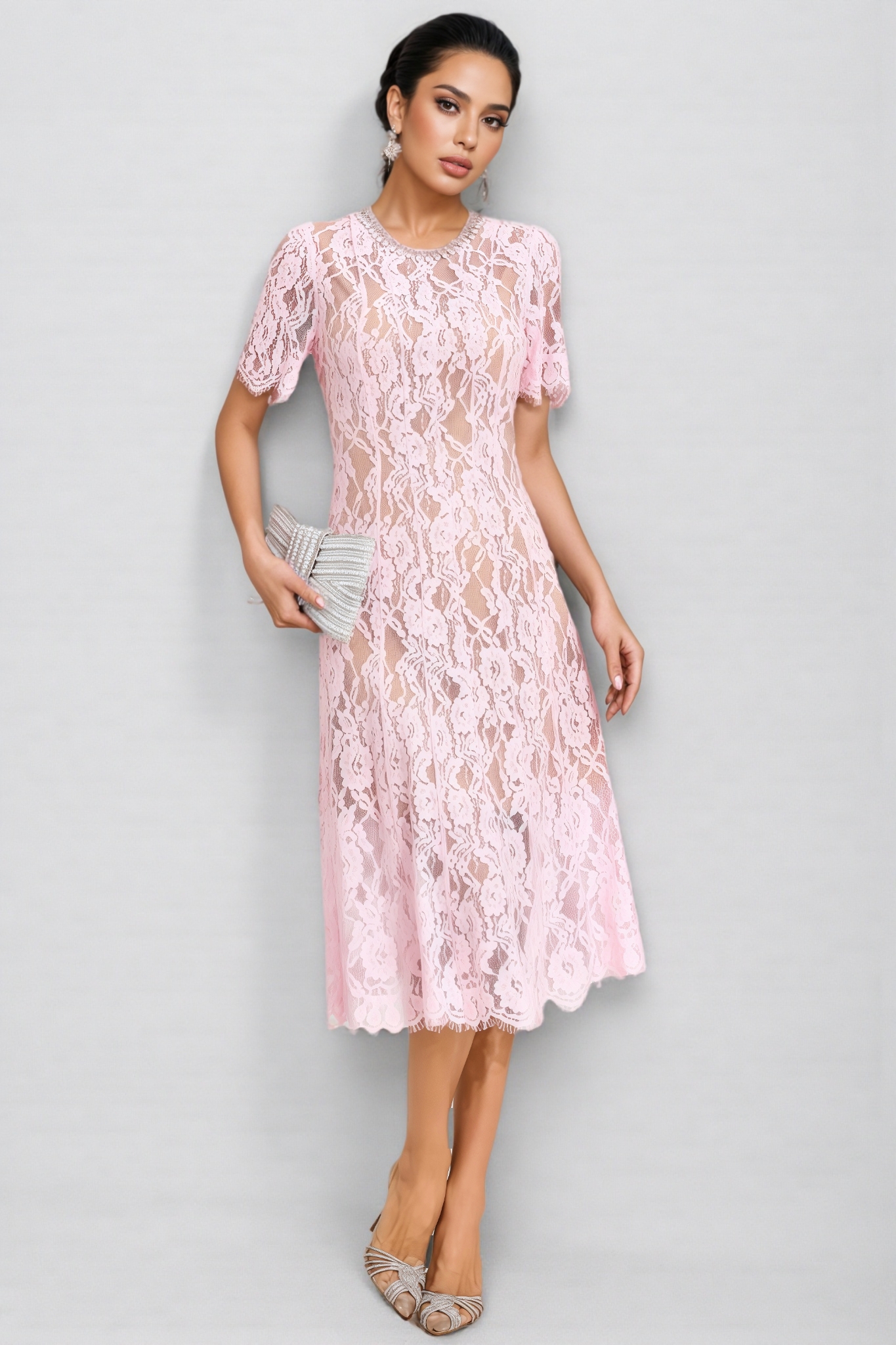 Nelia Pink Cut Out Lace Midi Dress