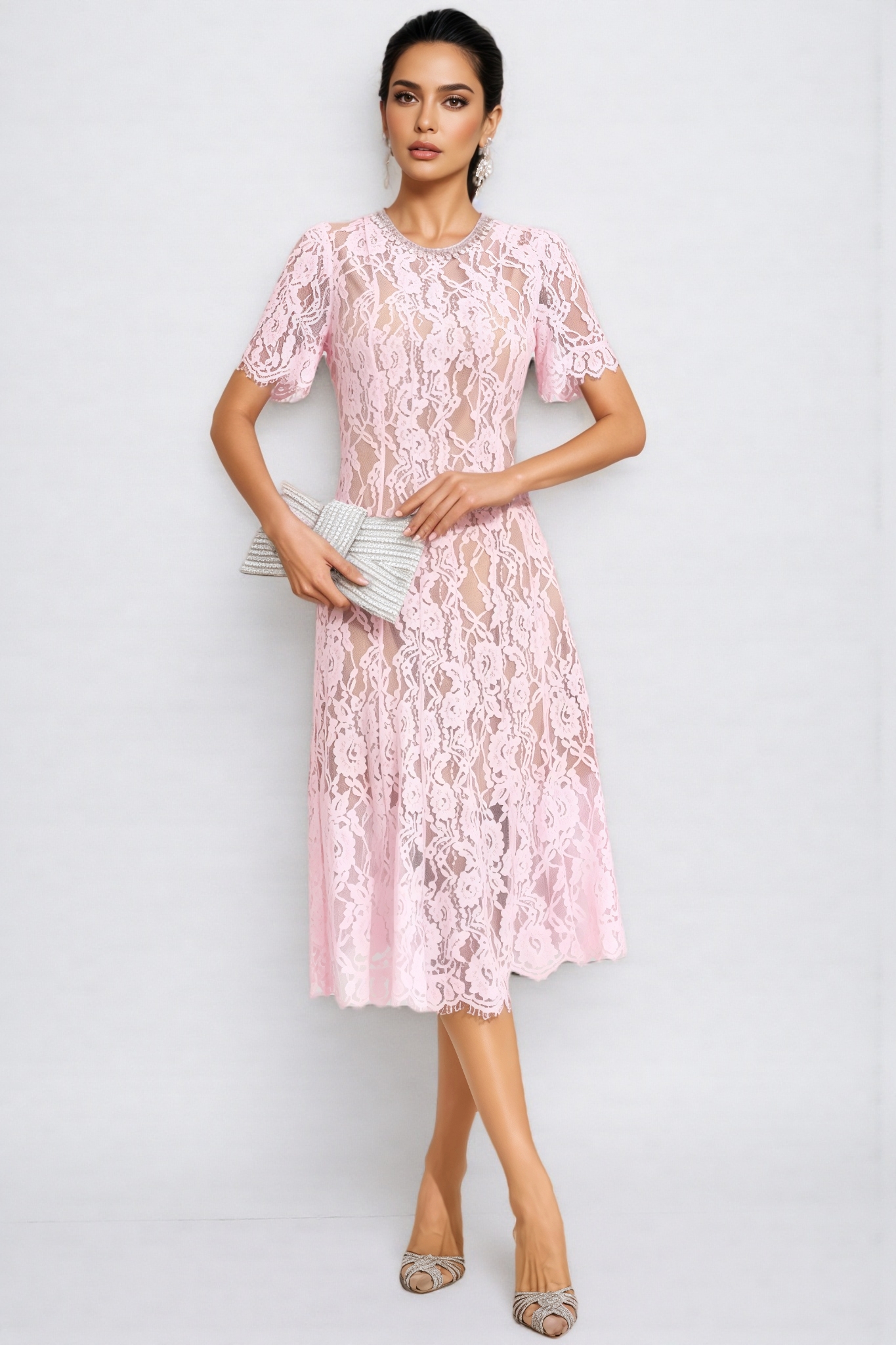 Nelia Pink Cut Out Lace Midi Dress