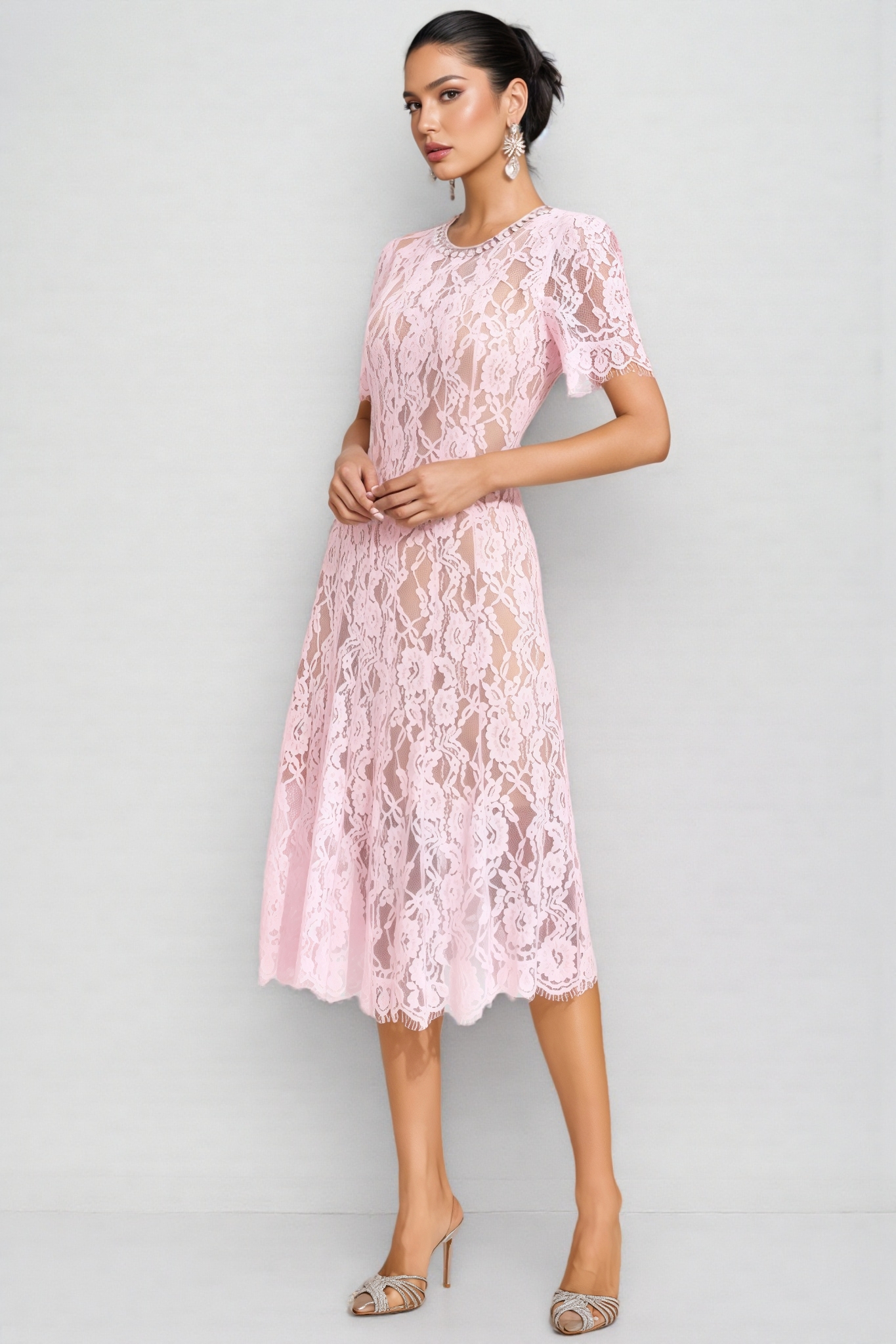 Nelia Pink Cut Out Lace Midi Dress