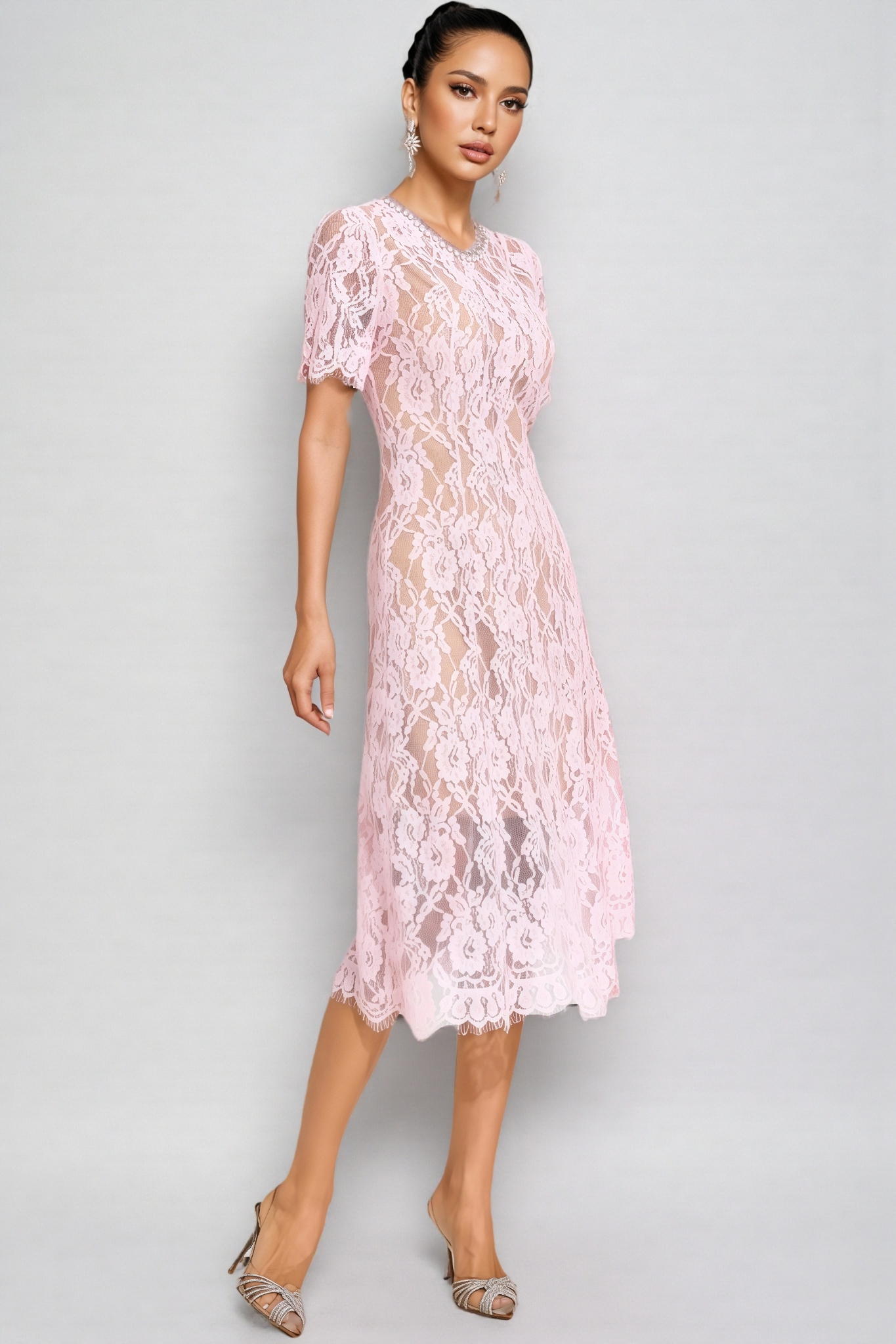 Nelia Pink Cut Out Lace Midi Dress