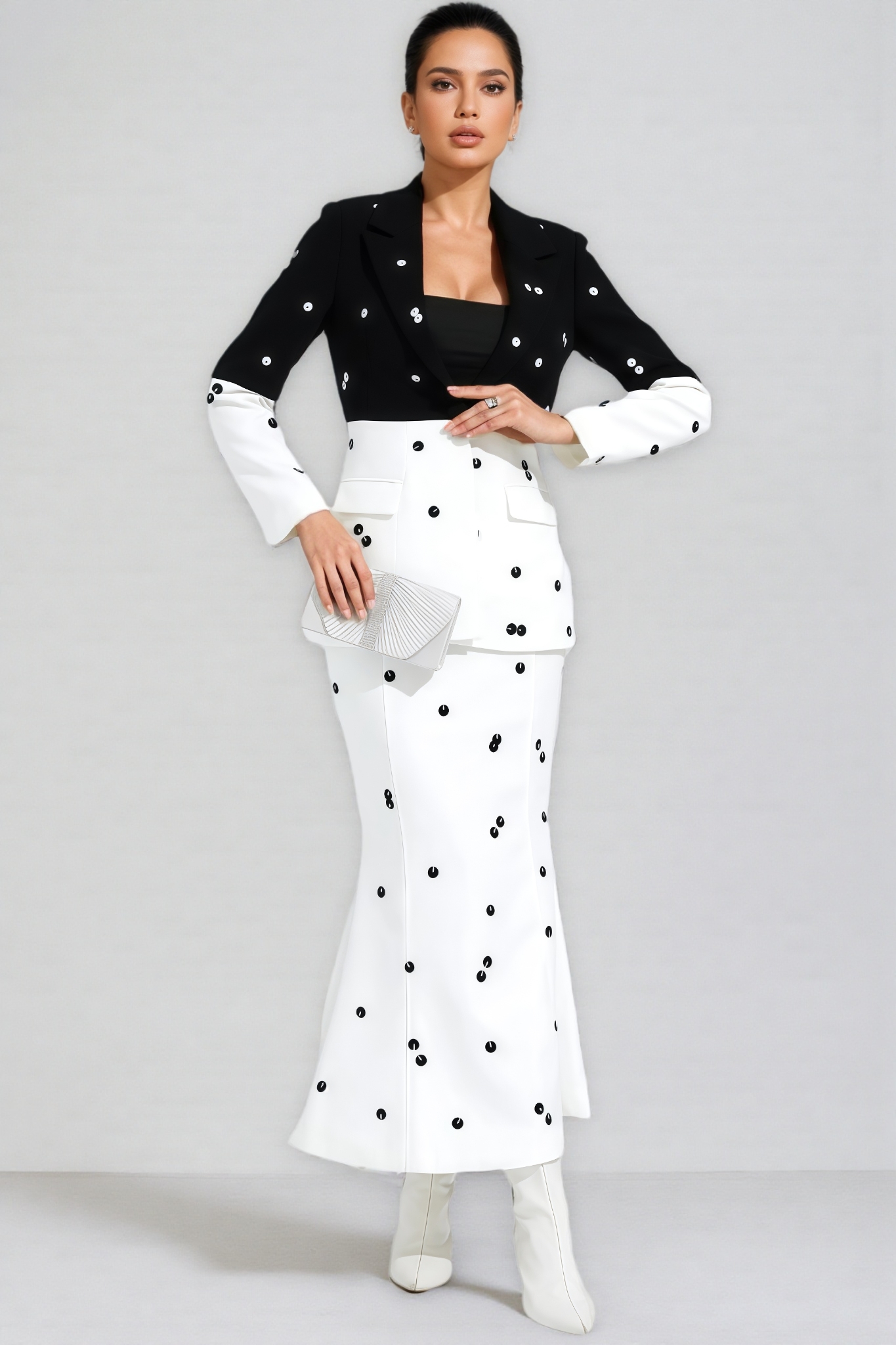 Amalia White Polka Dot Sequins Blazer Set