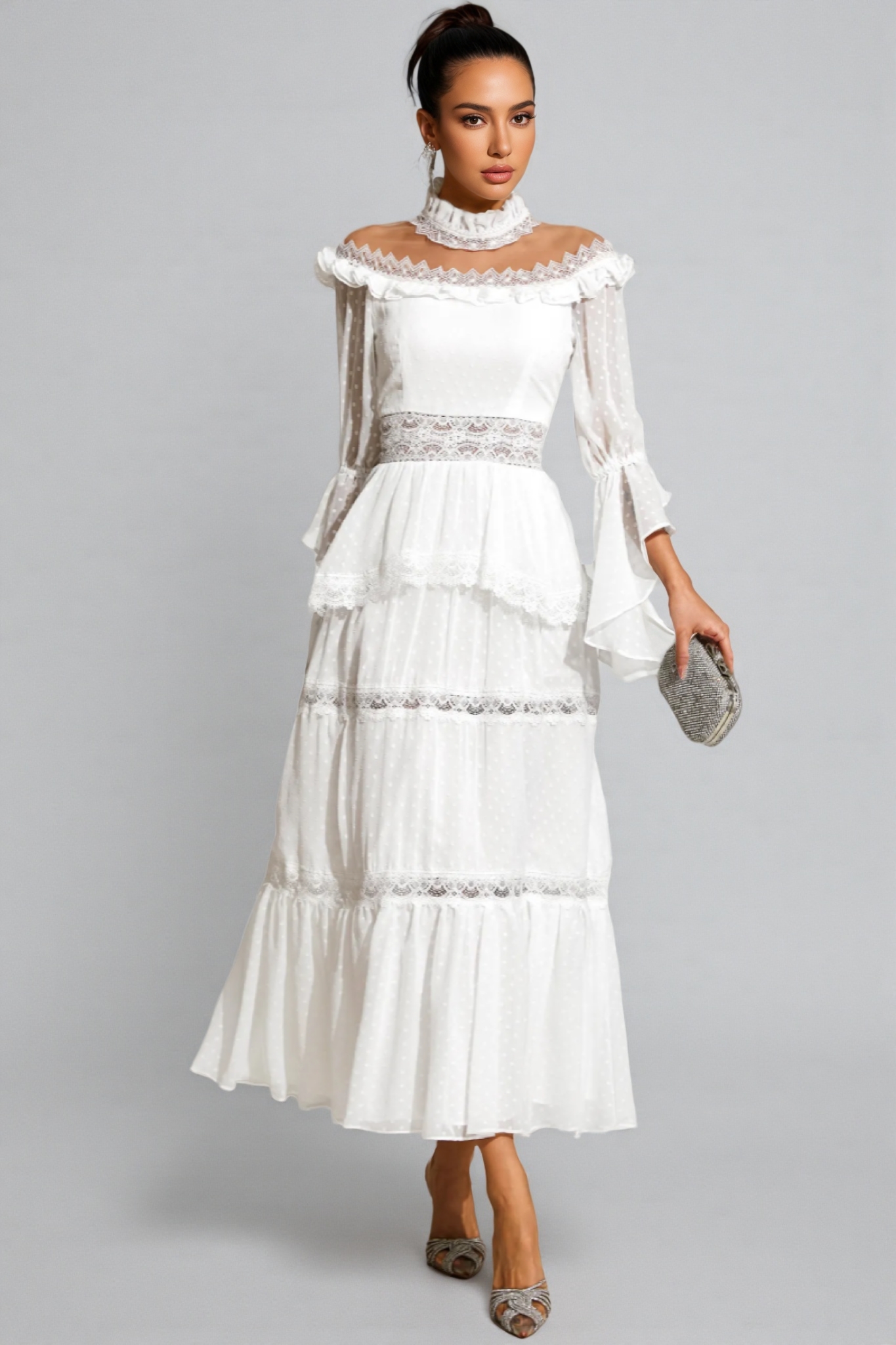Zevon White Lace Long Sleeve Maxi Dress