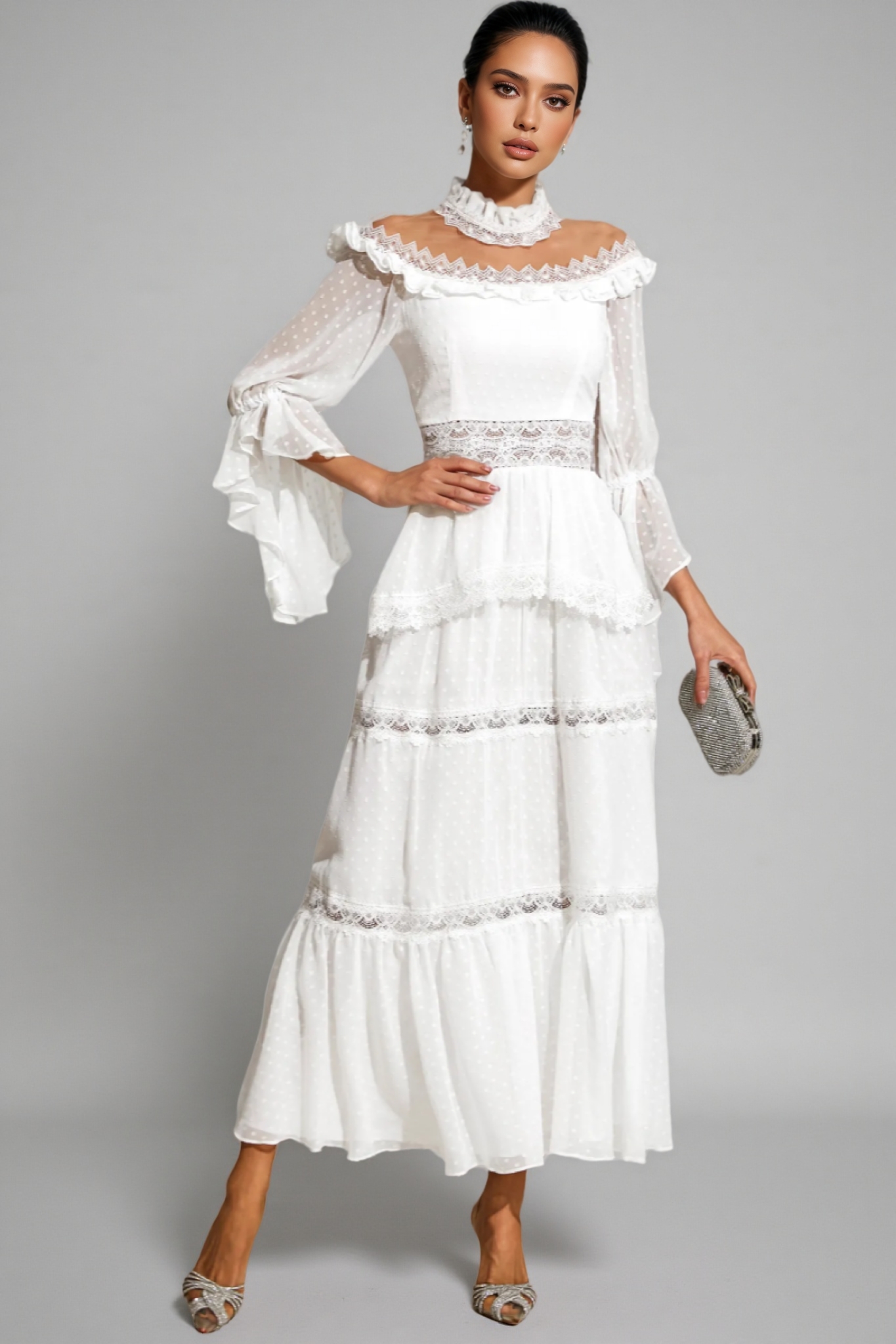 Zevon White Lace Long Sleeve Maxi Dress