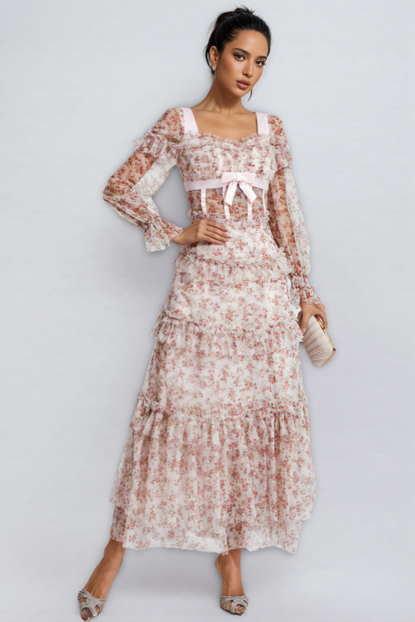 Zafirk Wilde Pink Floral Long Sleeve Midi Dress