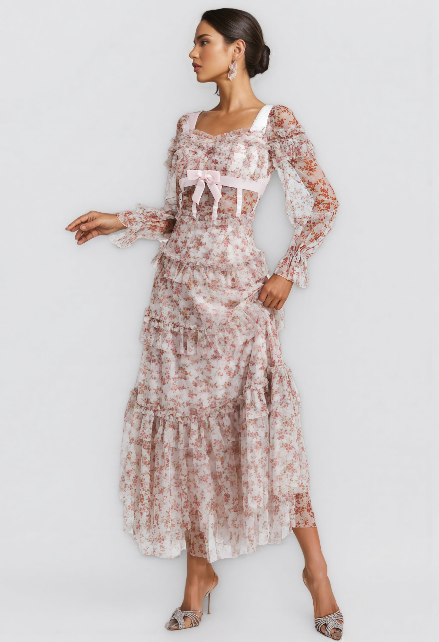 Zafirk Wilde Pink Floral Long Sleeve Midi Dress