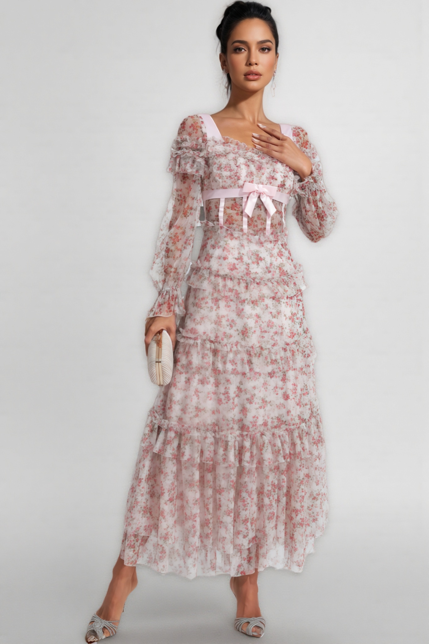 Zafirk Wilde Pink Floral Long Sleeve Midi Dress