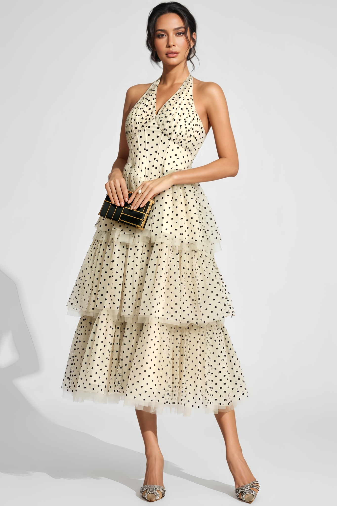 Joced Apricot Polka Dot Halter Midi Dress