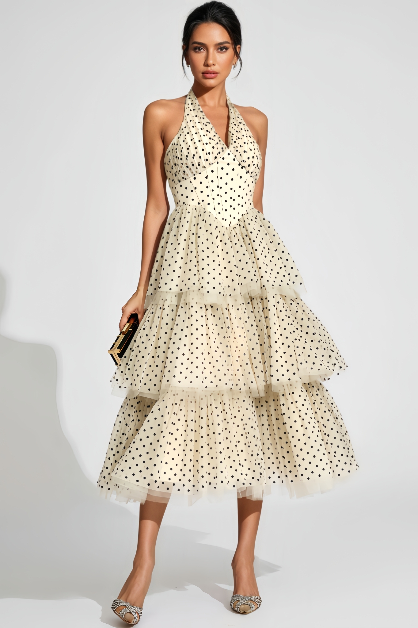 Joced Apricot Polka Dot Halter Midi Dress