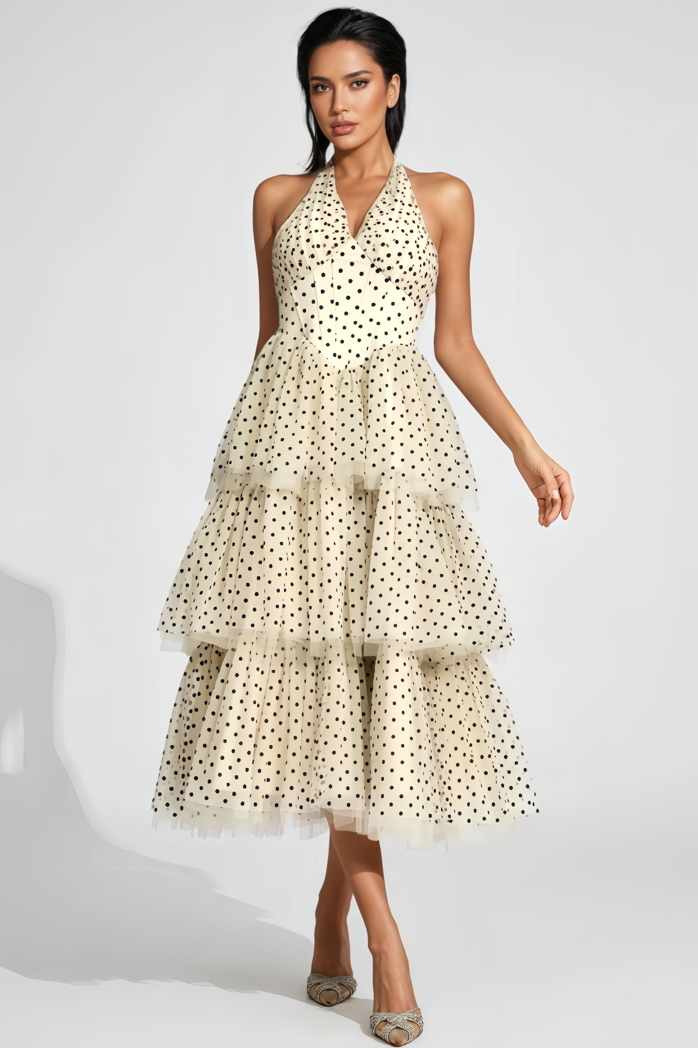 Joced Apricot Polka Dot Halter Midi Dress