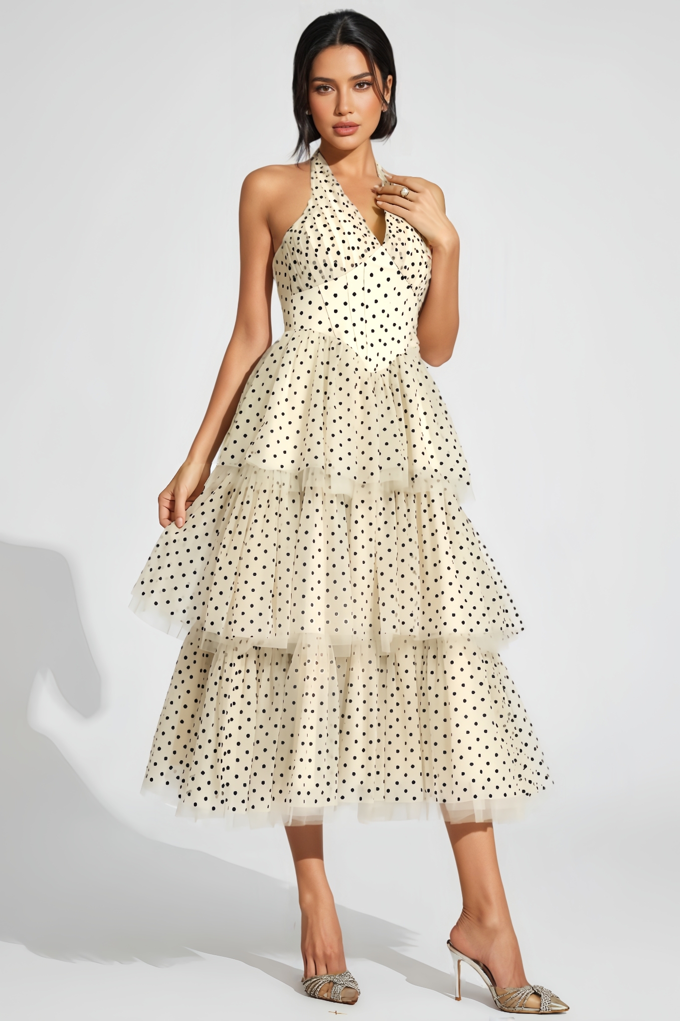 Joced Apricot Polka Dot Halter Midi Dress
