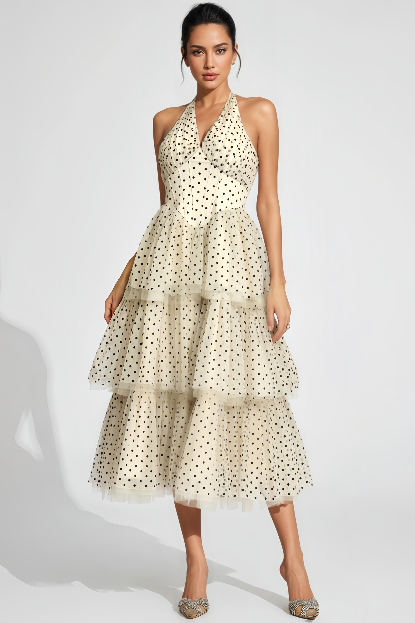 Joced Apricot Polka Dot Halter Midi Dress